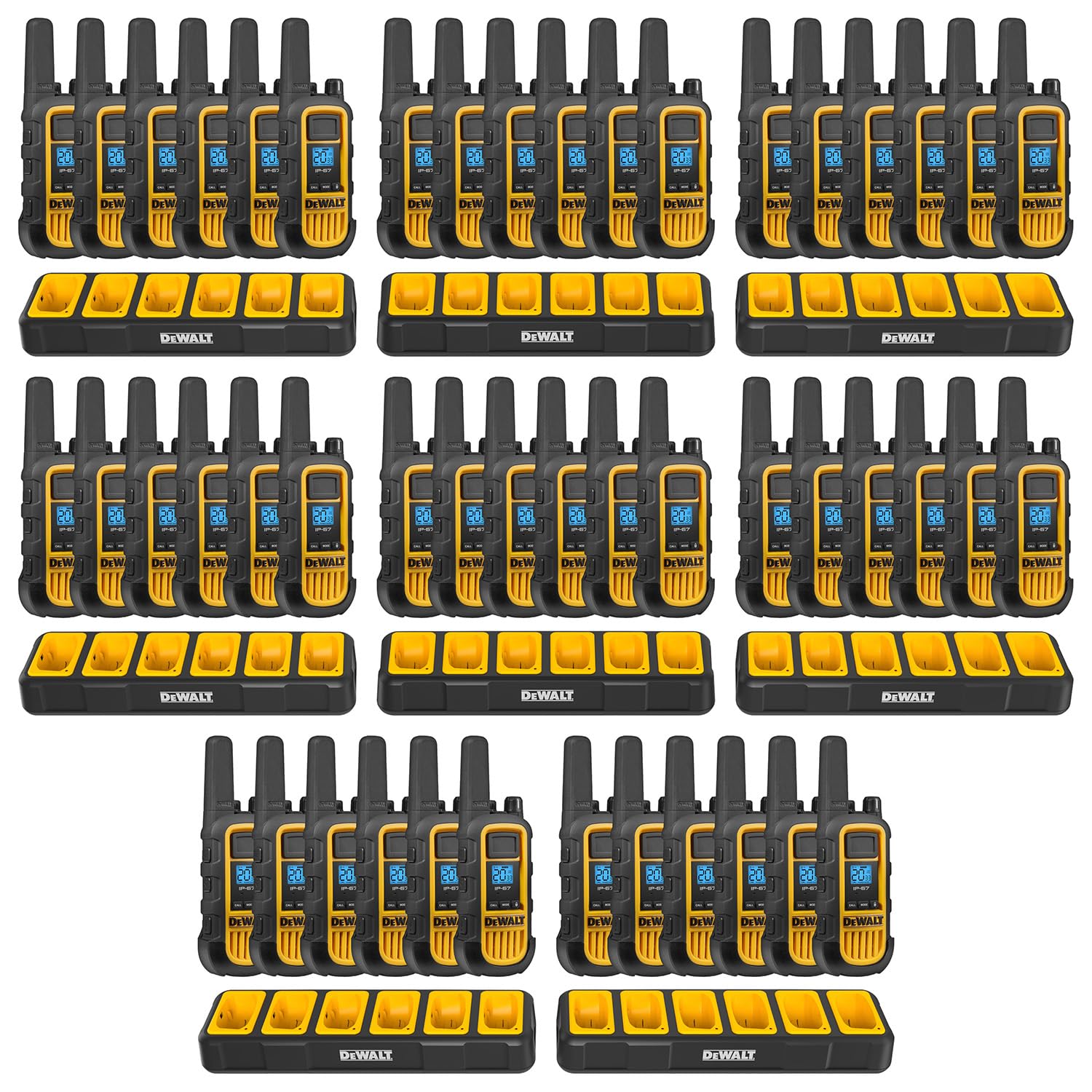DEWALT DXFRS800 Heavy Duty 2-Watt Walkie Talkies - Waterproof, Shock Resistant, Long Range Two-Way Radios with VOX & Rechargeable Battery (48 Pack with 8X Gang Chargers) - Ideal for Construction Sites, Warehouses, and Outdoor Adventures