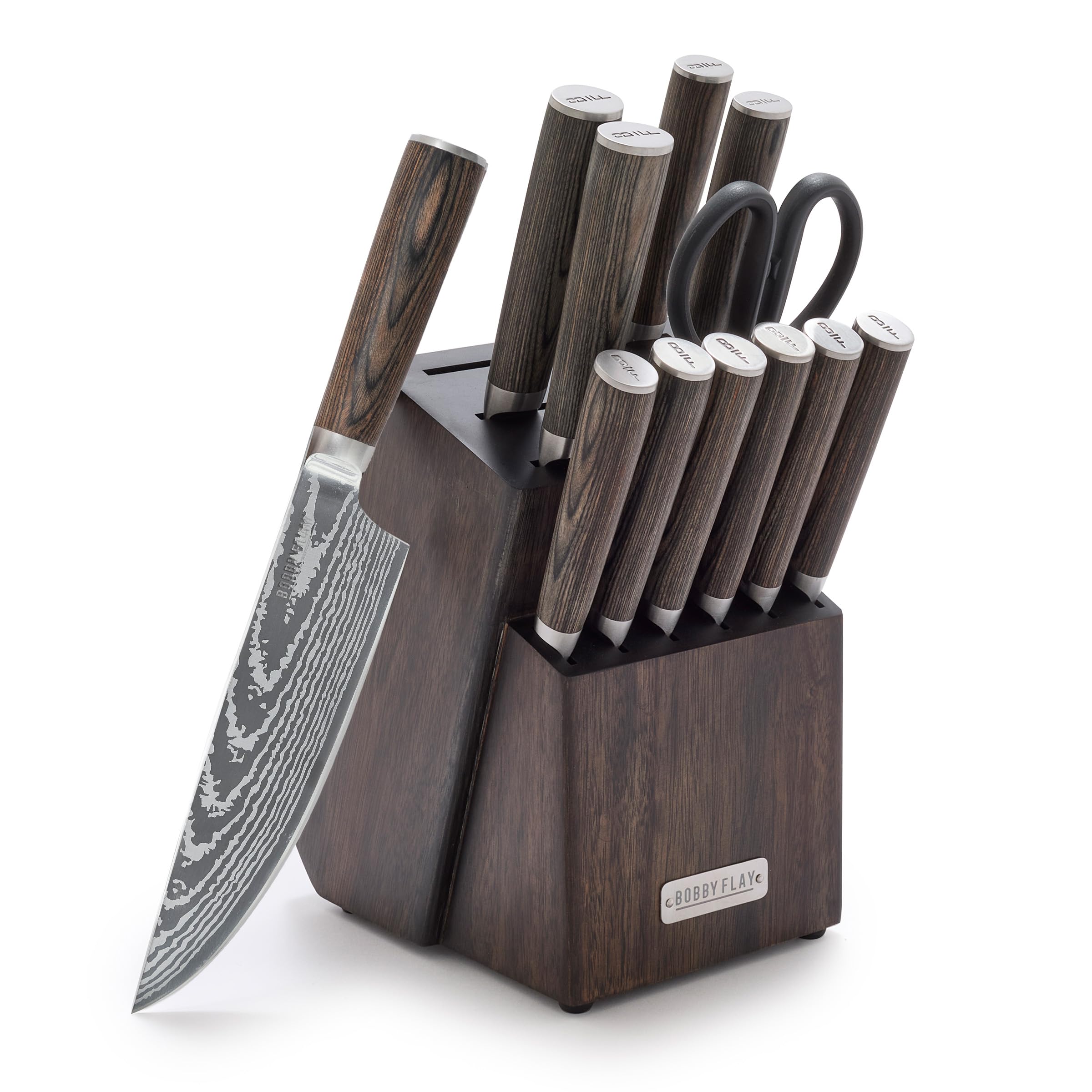 GreenPan x Bobby Flay 13-Piece Stainless Steel Knife Set with Acacia Wood Block - Premium Damascus Steel Kitchen Knives for Professional Chefs & Home Cooking - Perfect for Slicing, Dicing, and Food Prep