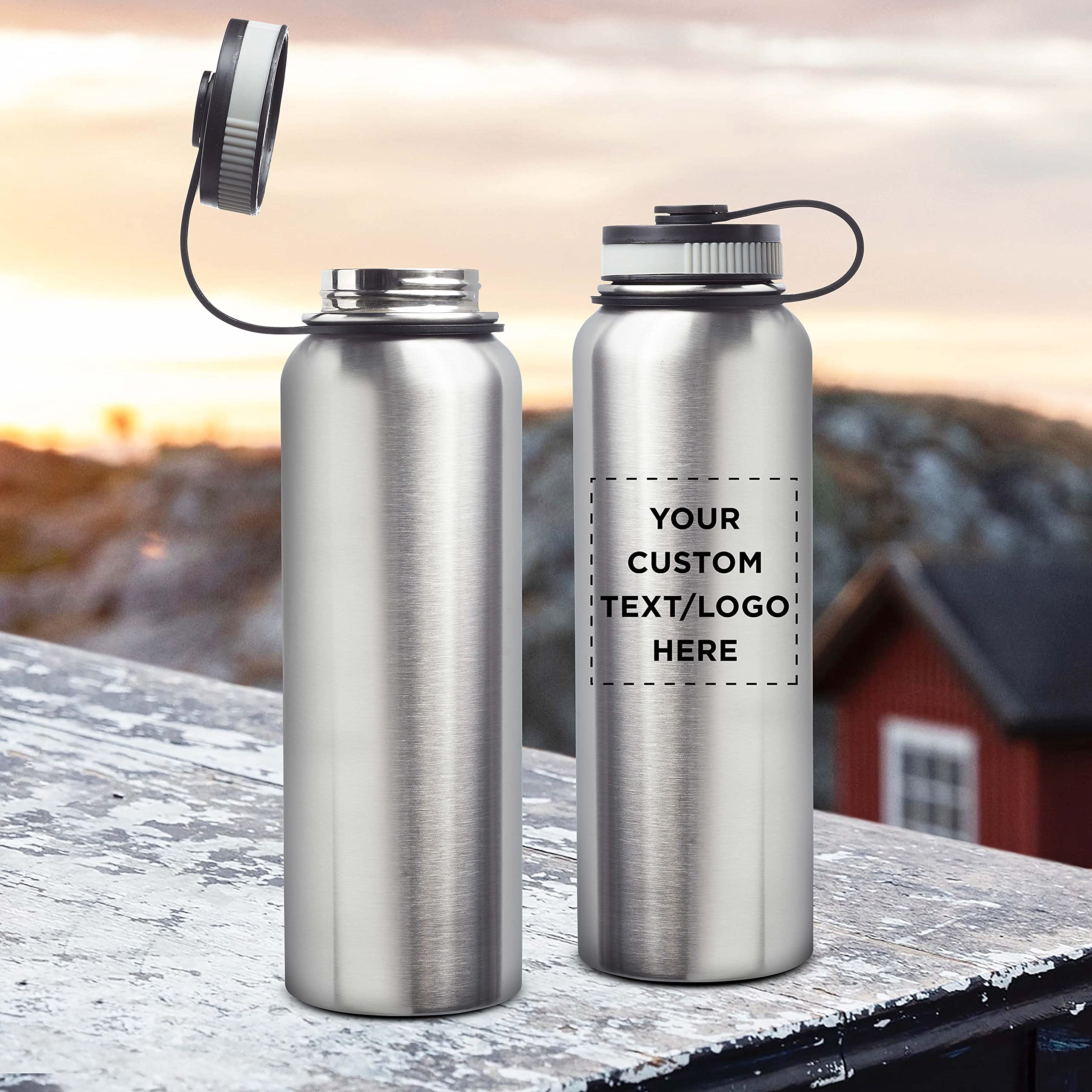 6-Pack 41 oz Stainless Steel Vacuum Insulated Water Bottles - Double Wall, Leakproof, Custom Text & Logo - Silver - Ideal for Gym, Hiking, Office & Travel