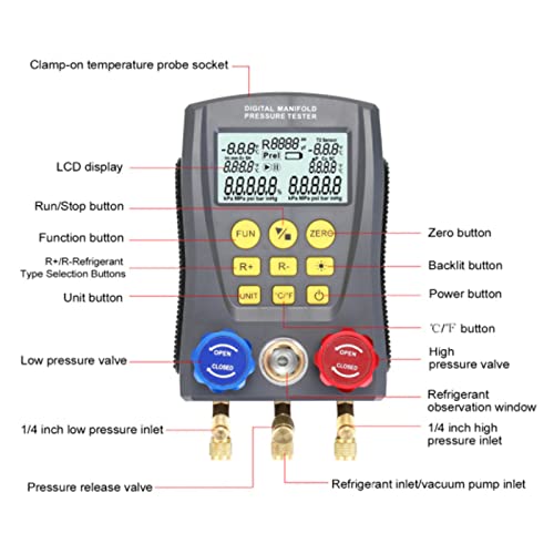 HVAC Manifold Gauge Set - Digital AC Manifold Gauge with High Accuracy Vacuum Pressure & Temperature Measurement for Air Conditioning Systems | Professional HVAC Diagnostic Tool for Refrigerant Leak Detection & HVAC Maintenance