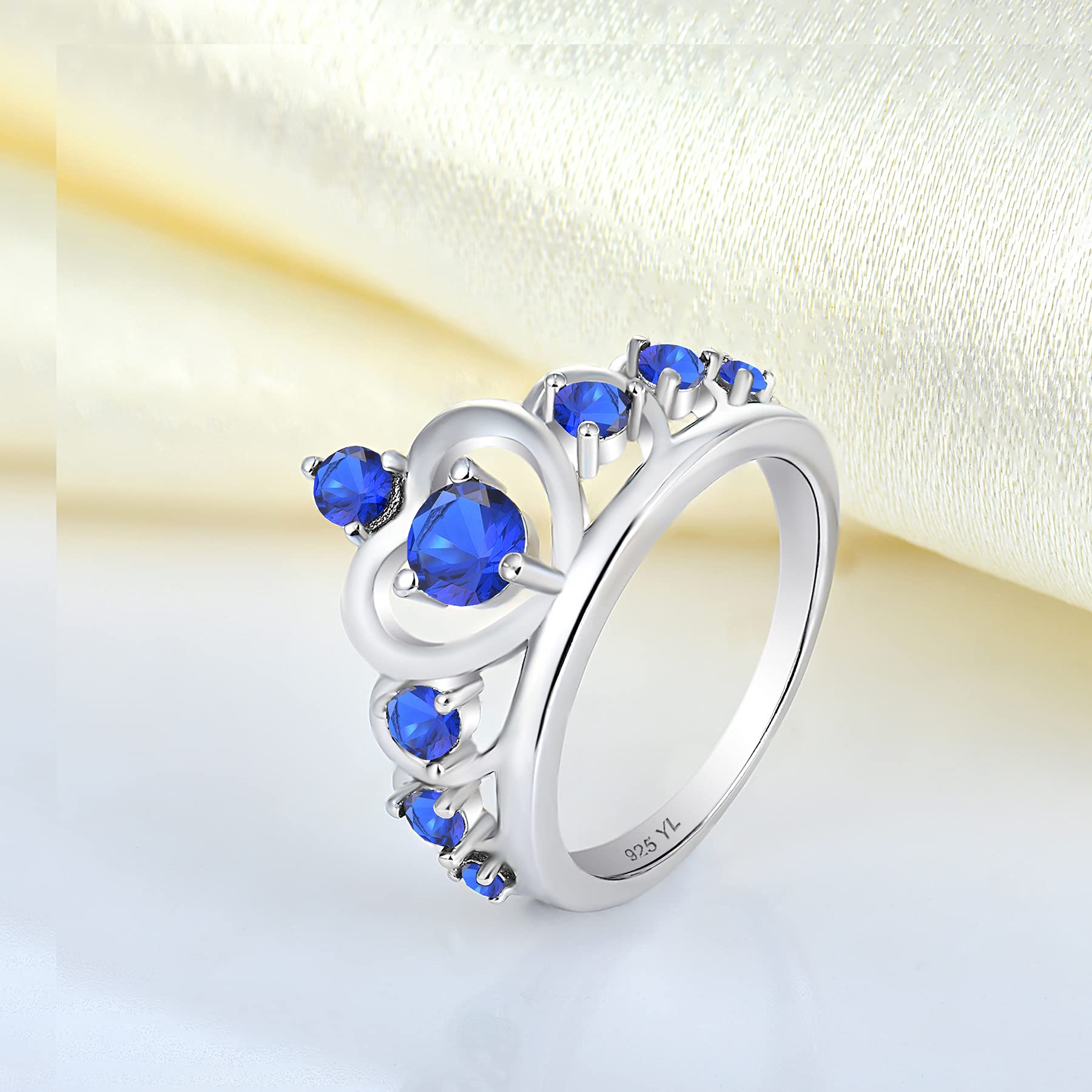 YL 925 Sterling Silver Heart Crown Engagement Ring for Women - Queen Birthstone Jewelry for Anniversary, Wedding & Proposal Gifts