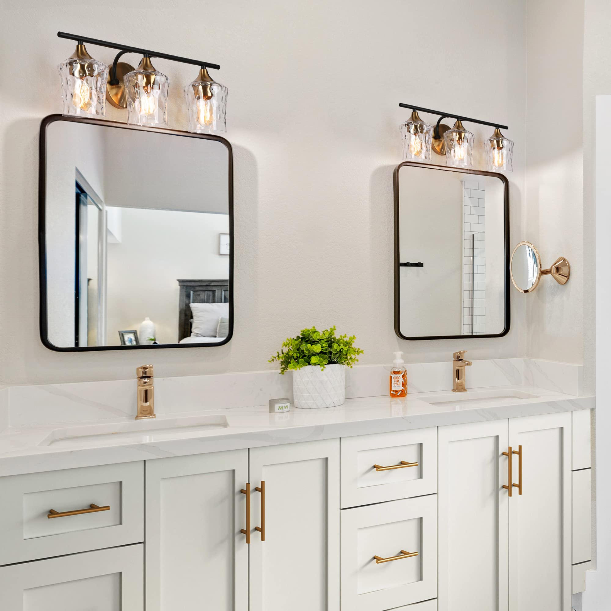 Durent Lighting Bathroom Vanity Light Fixtures - Black & Brass 3-Light Bathroom Sconce with Water Ripple Glass & Electroplated Finish for Modern Bathroom Decor | Perfect for Bathroom Mirror Lighting, Powder Room, and Master Bath Renovation