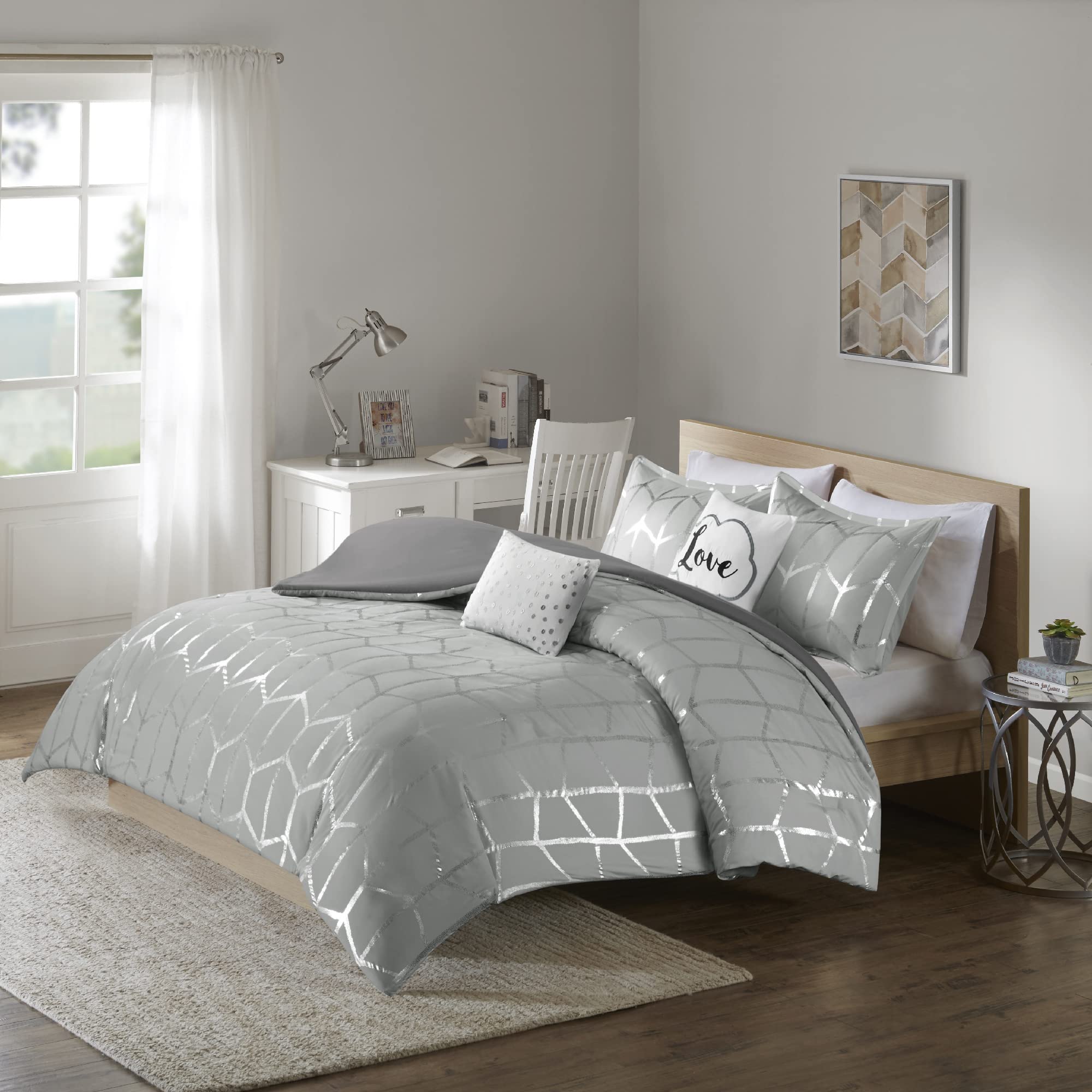 Modern Geometric Metallic Print Duvet Cover Set - Full/Queen Grey Silver 5-Piece Bedding with Embroidered Toss Pillows | All-Season Comforter Cover & Matching Shams for Contemporary Bedroom Decor