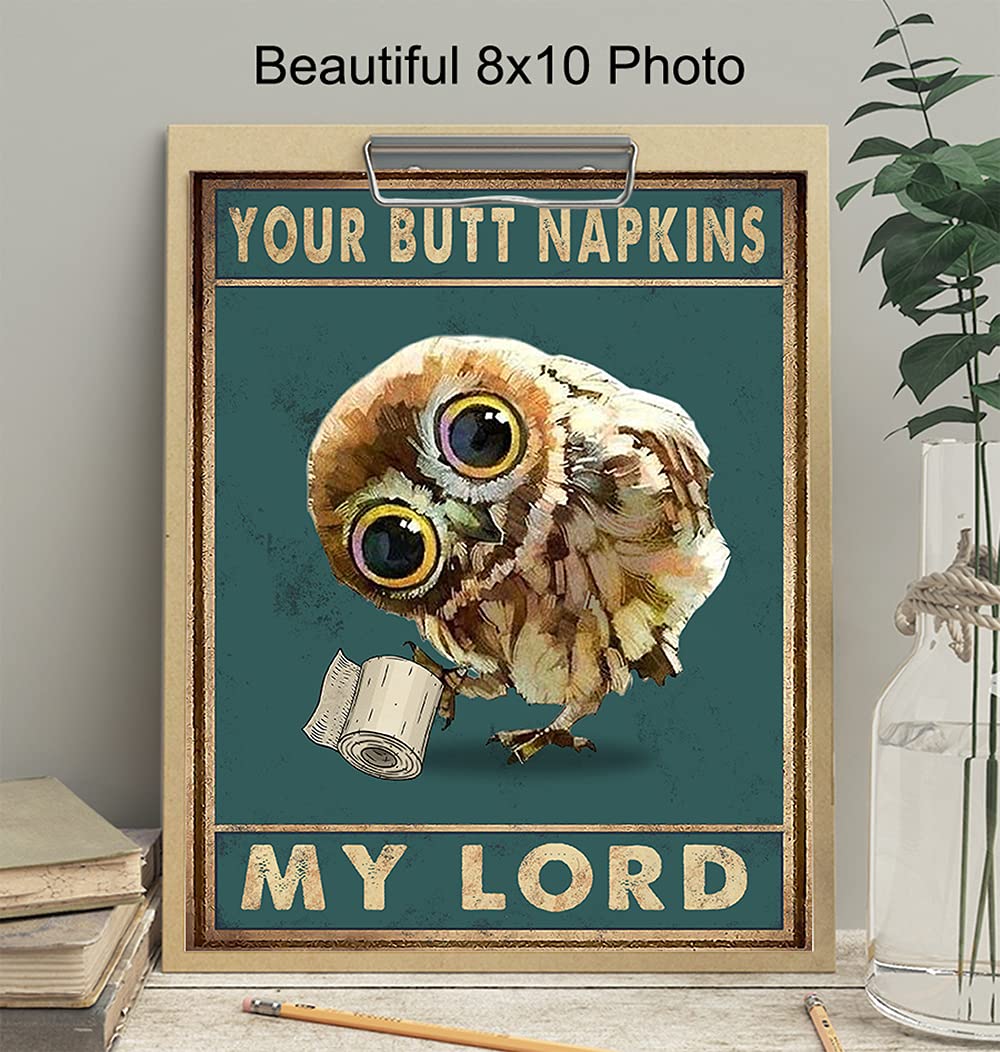 Funny Owl Wall Decor & Butt Napkins - Unique Bathroom Wall Art for Powder Room & Guest Bath - Cute Restroom Sign & Decor for Women - Perfect for Home, Office, or Gift