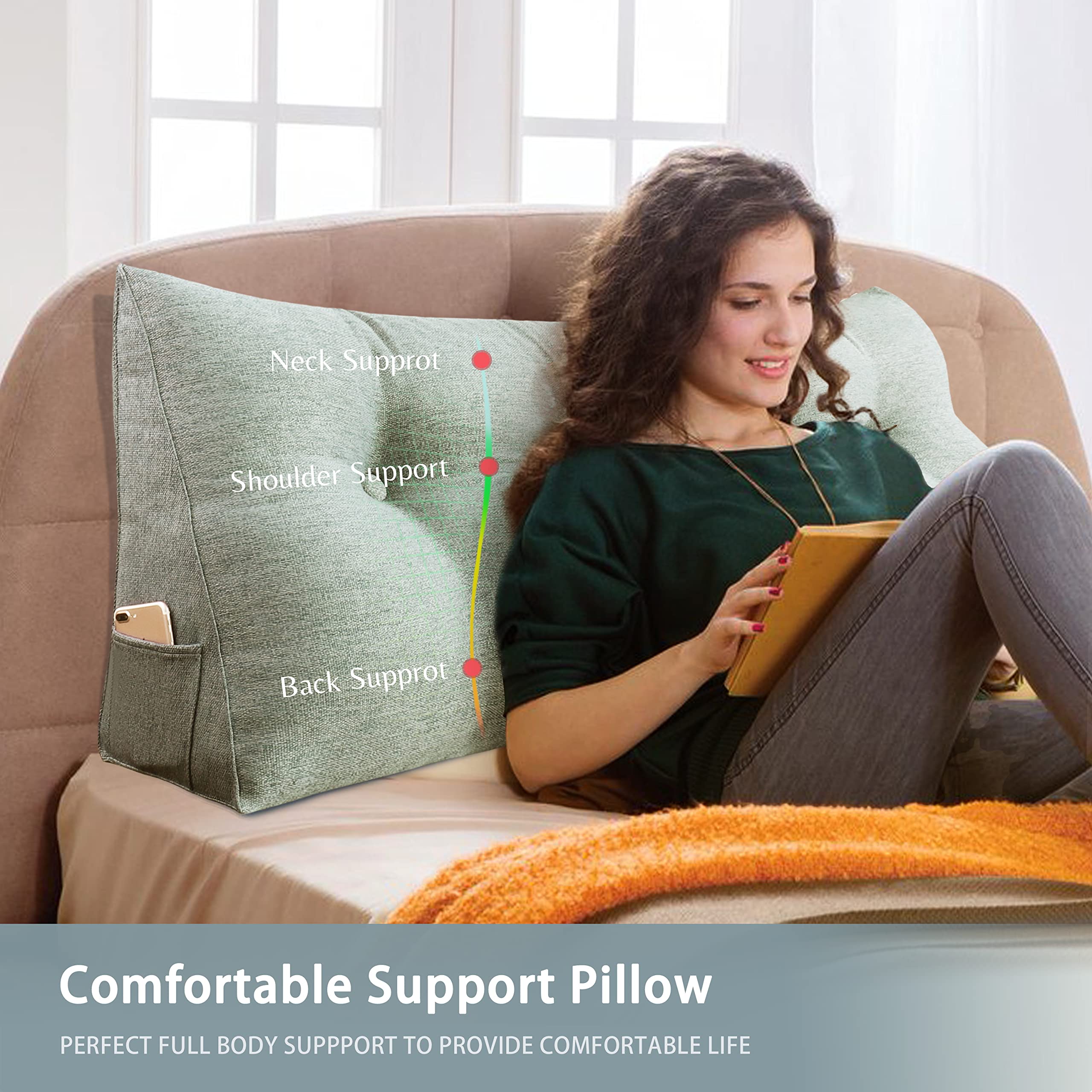 Triangular Headboard Wedge Pillow - Upholstered Linen Back Support Cushion for Daybeds, Queen Size, Beige | Perfect for Reading, Lounging & Back Pain Relief in Bed or Living Room