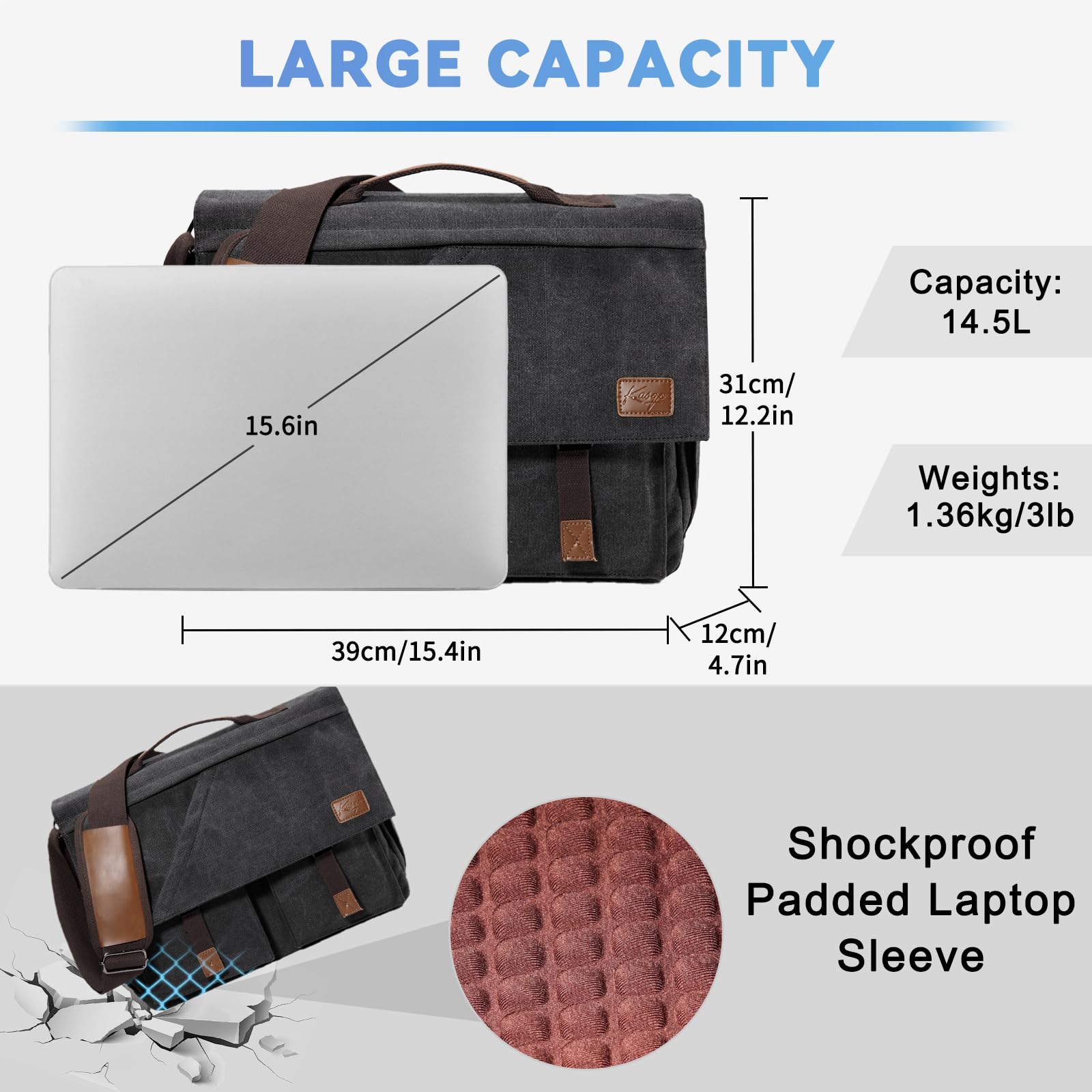 Kasqo Waterproof Canvas Messenger Bag for Men - Durable 14