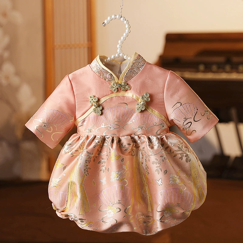 Elegant Baby Romper with Disc Button Stand Collar - Soft Cotton Jumpsuit for Newborns & Infants - Perfect for Photos, Parties & Everyday Wear