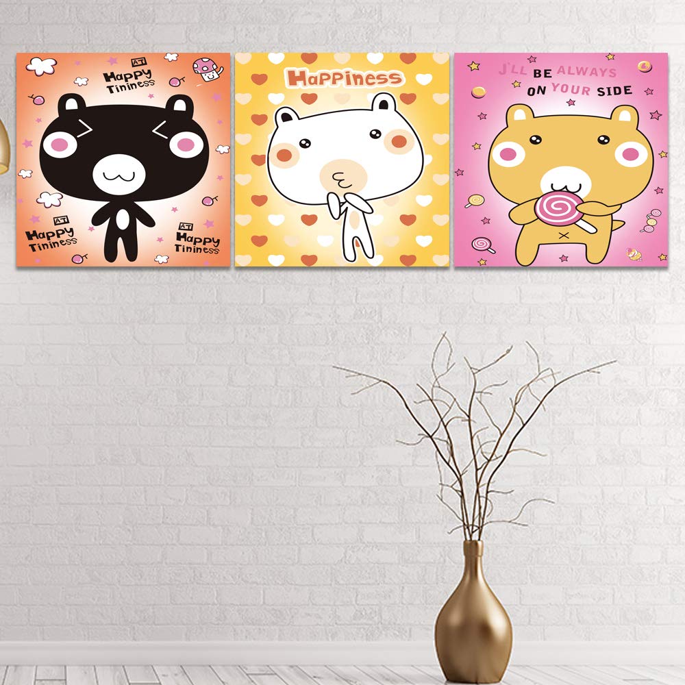 3 Panel Canvas Wall Art - Cartoon Kitty Painting for Bedroom & Living Room Decor