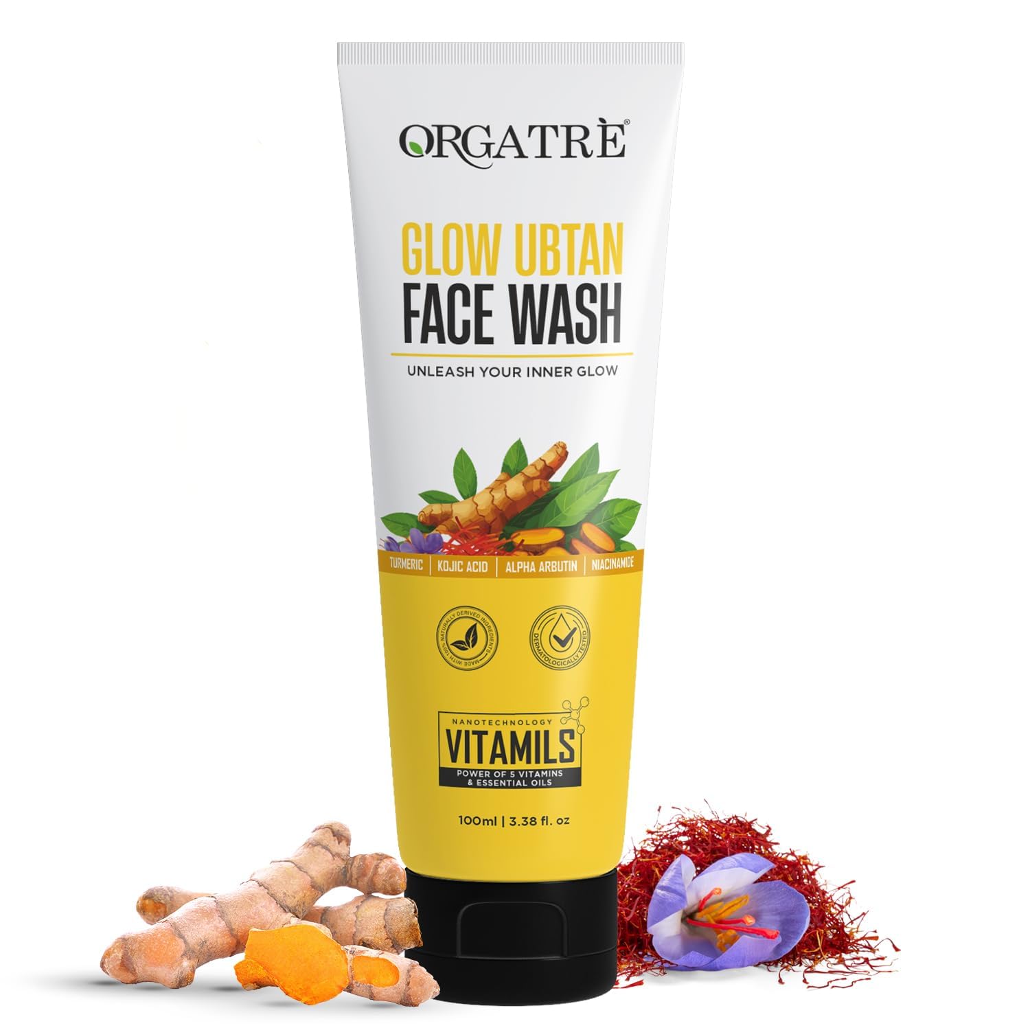 Glow Ubtan Face Wash with Turmeric, Kojic Acid & Niacinamide for Skin Brightening, Tan Removal & Even Tone - 100ml | Dermatologist Tested | For Men & Women | Daily Use for Radiant, Glowing Skin