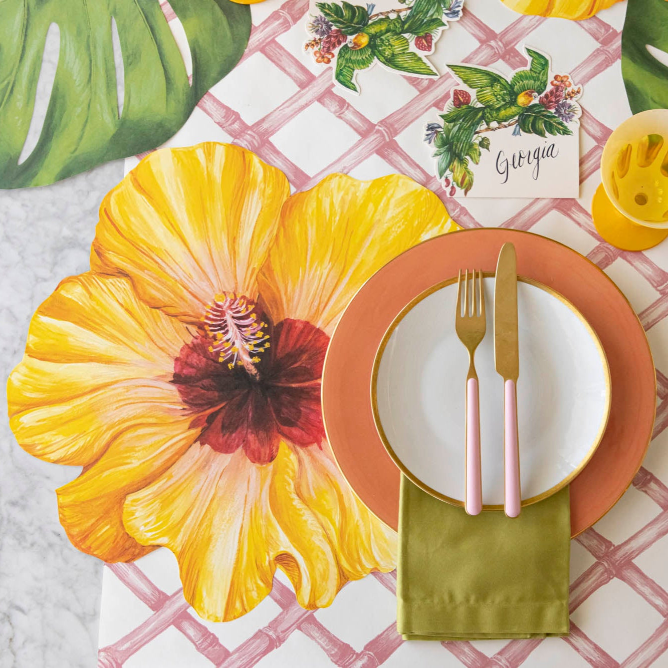 Premium Die-Cut Hibiscus Placemats - Set of 4 Waterproof Table Mats for Dining, Kitchen, or Outdoor Use - Tropical Floral Design for Home Decor and Party Settings