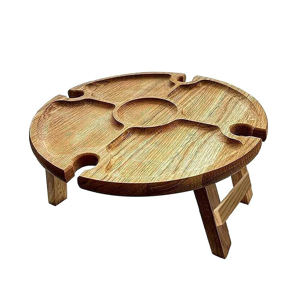 Portable Round Wooden Folding Picnic Table with Glass Holder - Outdoor Camping, Beach, Garden Dining Furniture for Wine & Picnics