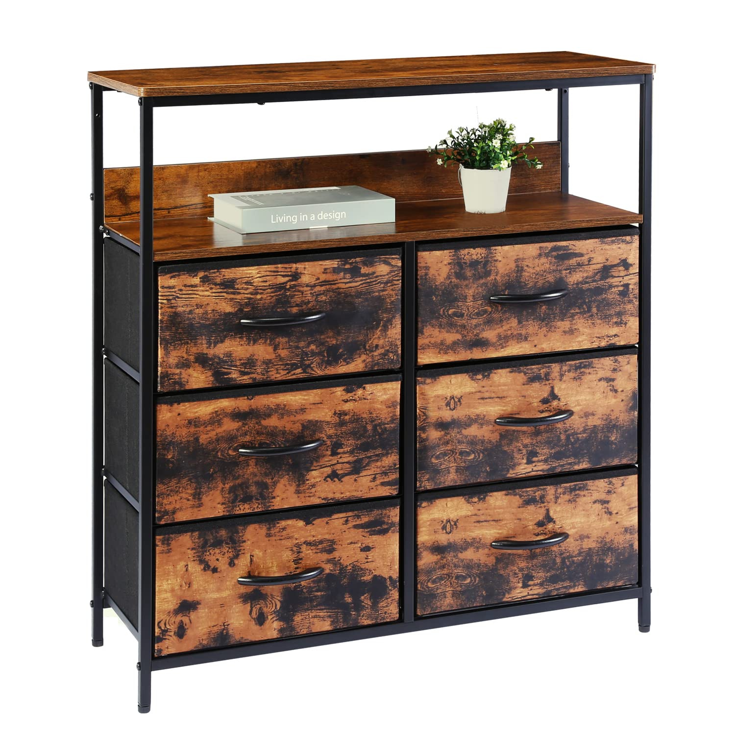 Kamiler Rustic 6-Drawer Dresser with Open Shelf | Closet Storage Organizer | Sturdy Steel Frame & Wood Shelf | Includes Removable Fabric Bins | Perfect for Bedroom, Living Room, Hallway & Hotel Use