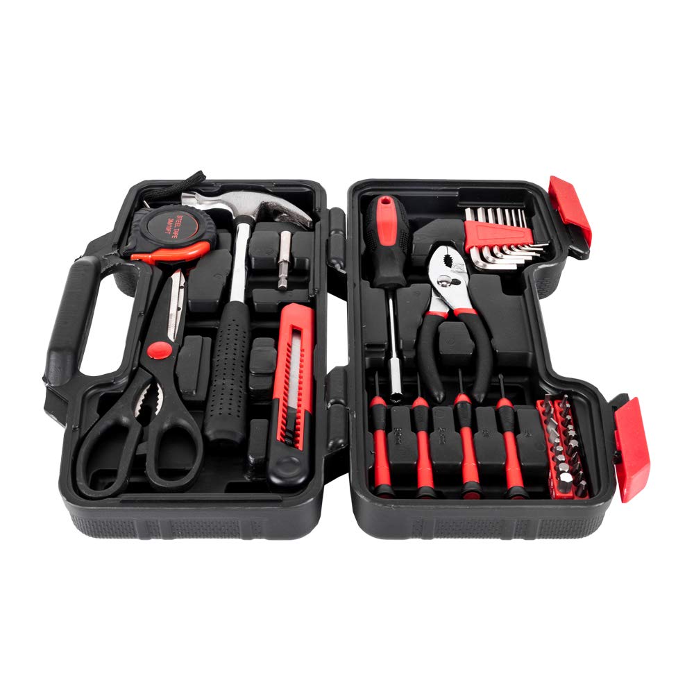 Professional 39-Piece DIY Mechanics Tool Set with Heavy Duty Case - Multi-Function Gear for Home Repair, Auto Maintenance & Construction Projects (Red)