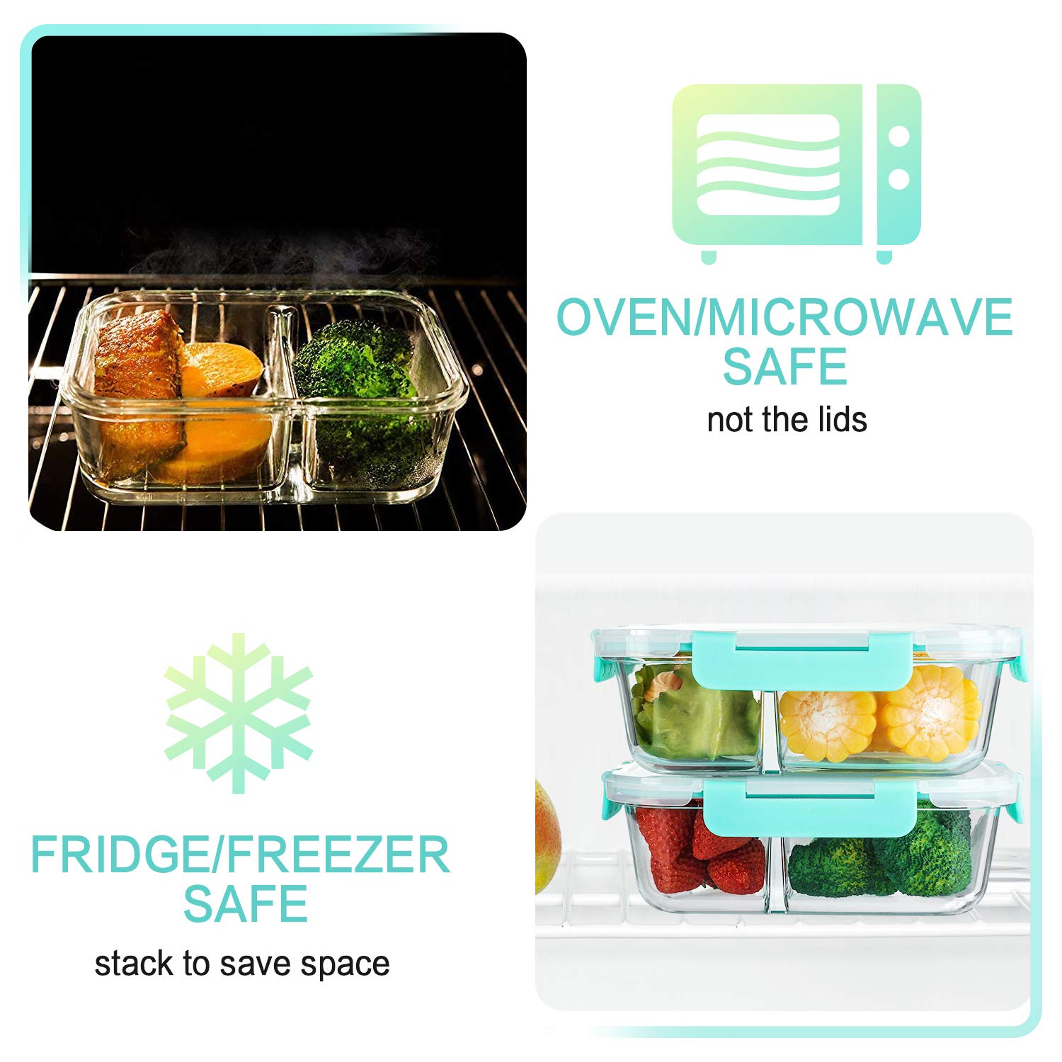5-Pack 36 Oz Glass Meal Prep Containers with 2 Compartments & Locking Lids - BPA-Free Food Storage Containers for Portion Control - Microwave, Oven, Freezer & Dishwasher Safe (4.5 Cups, Green) - Perfect for Meal Prepping, Leftovers & Healthy Eating