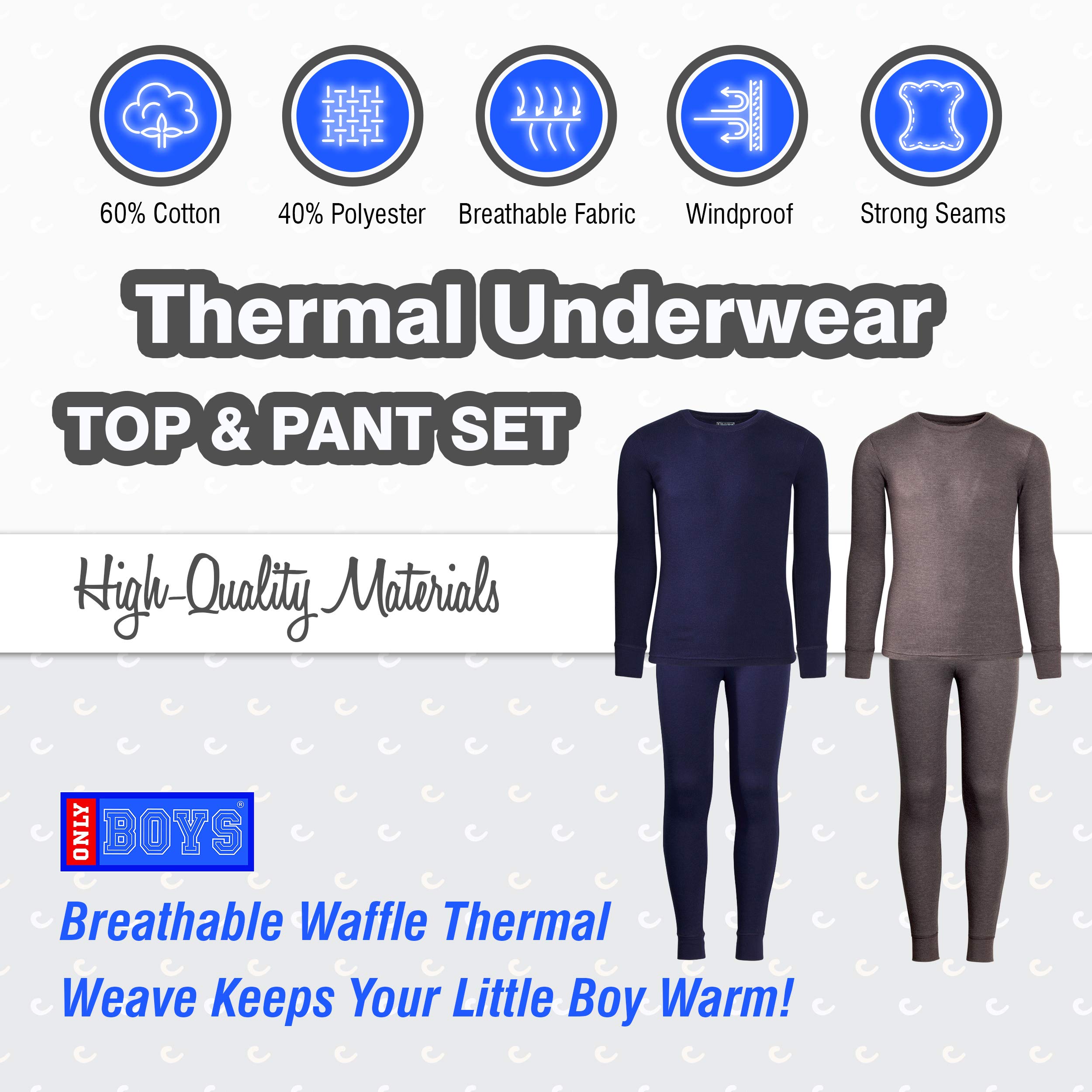ONLY BOYS' Thermal Underwear Set - 4 Piece Waffle Knit Top & Long Johns (2T-16) | Winter Base Layer for Kids | Warm Outfit for Snow Play, Skiing & Cold Weather Activities