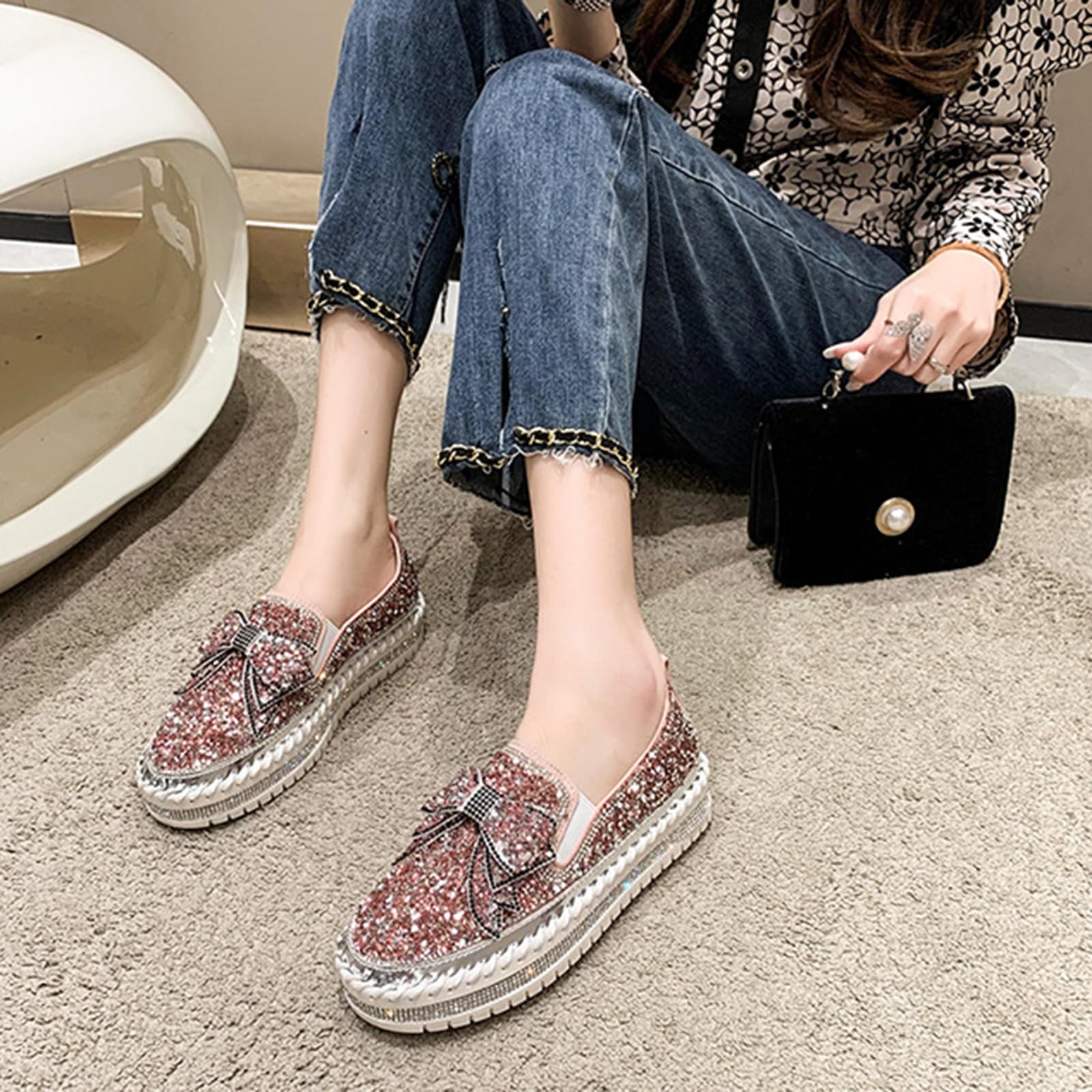 YIBLBOX Women's Rhinestone Glitter Loafers - Cute Bow Platform Sneakers for Casual Wear, Slip On Comfort Shoes for Daily Outfits & Office Fashion