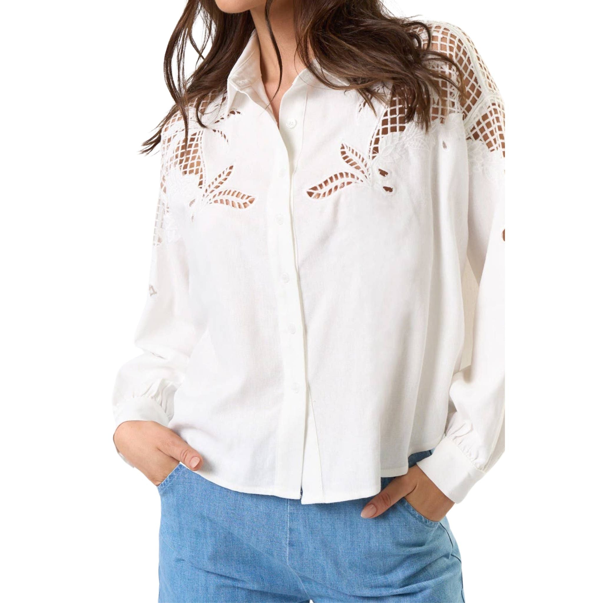 Embroidered Cutout Button Down Shirt for Women - Stylish Floral Blouse with Unique Design, Perfect for Office, Date Night & Casual Outfits