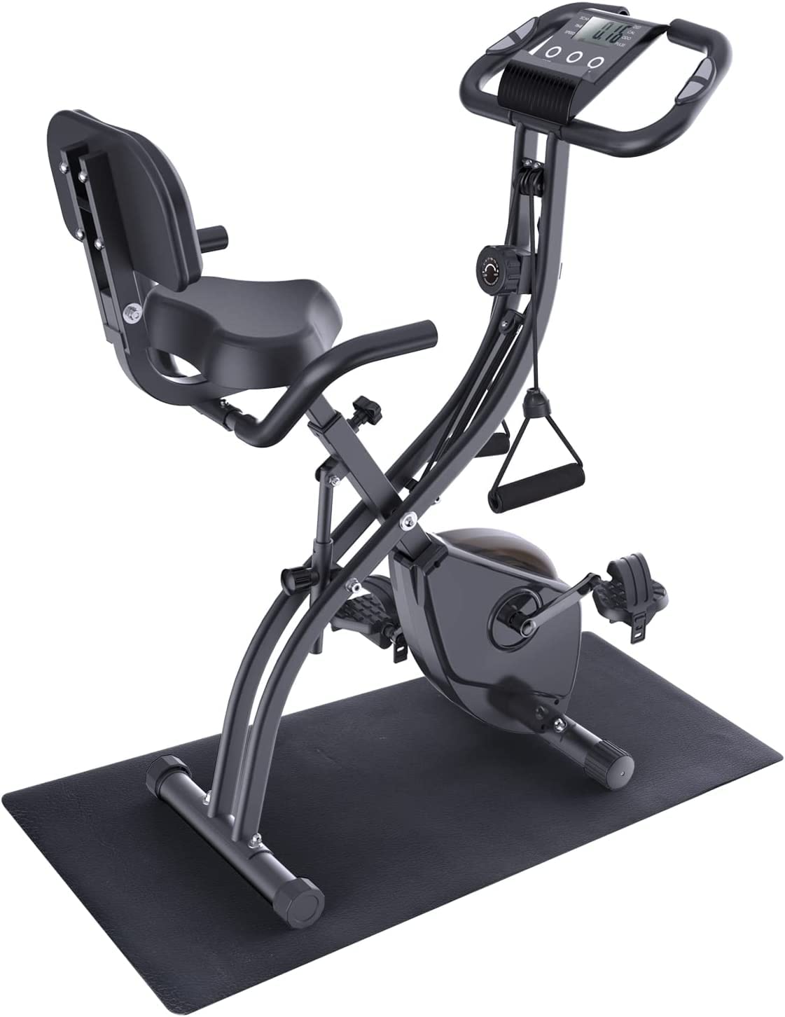 Foldable Exercise Bike for Home Gym - Sportneer 4-in-1 Indoor Cycling Bike with 16-Level Magnetic Resistance, Arm Resistance Bands & PVC Floor Mat | Perfect for Cardio, Strength Training & Small Space Workouts