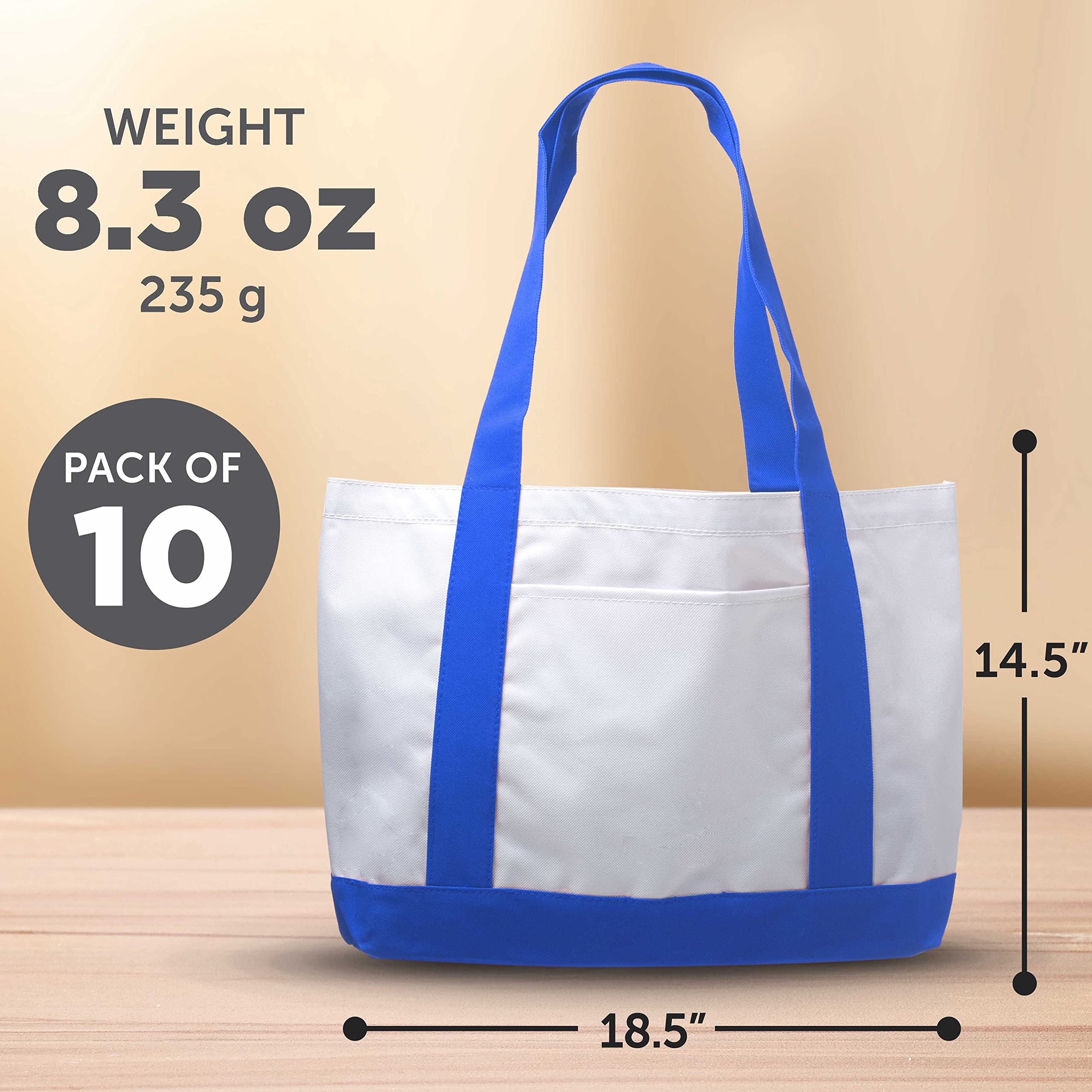 10 Pack Canvas Shoulder Tote Bags - Durable Polyester with Reinforced Straps & Front Pocket - Fashionable Blue Handbags for Women - Perfect for Shopping, Beach, Work & Daily Use