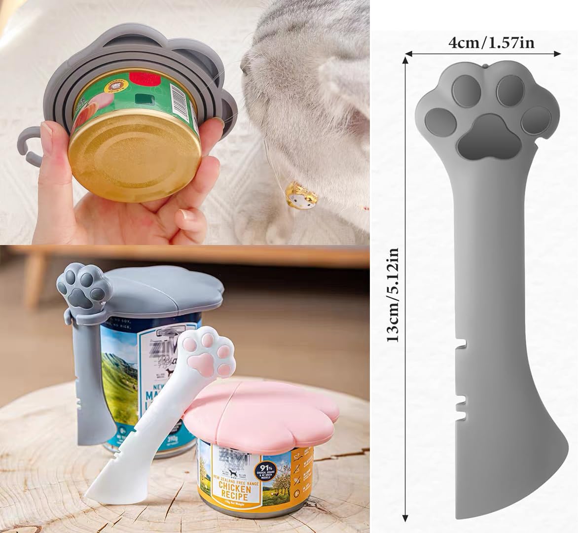 **Paw Print Silicone Pet Can Lids & Spoons Set - Airtight Wet Food Covers for Dog & Cat Cans, Can Opener & Food Spatula for Easy Feeding - Perfect for Wet Food, Lickable Treats & Travel Use (Grey)**