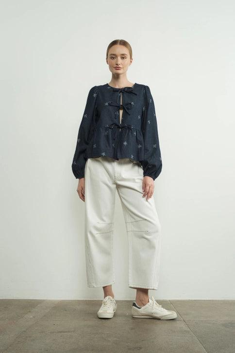 Lara Women's Bow Print Denim Blouse with Bow Tie - Stylish Casual Shirt for Office, Date Night & Spring Outfits