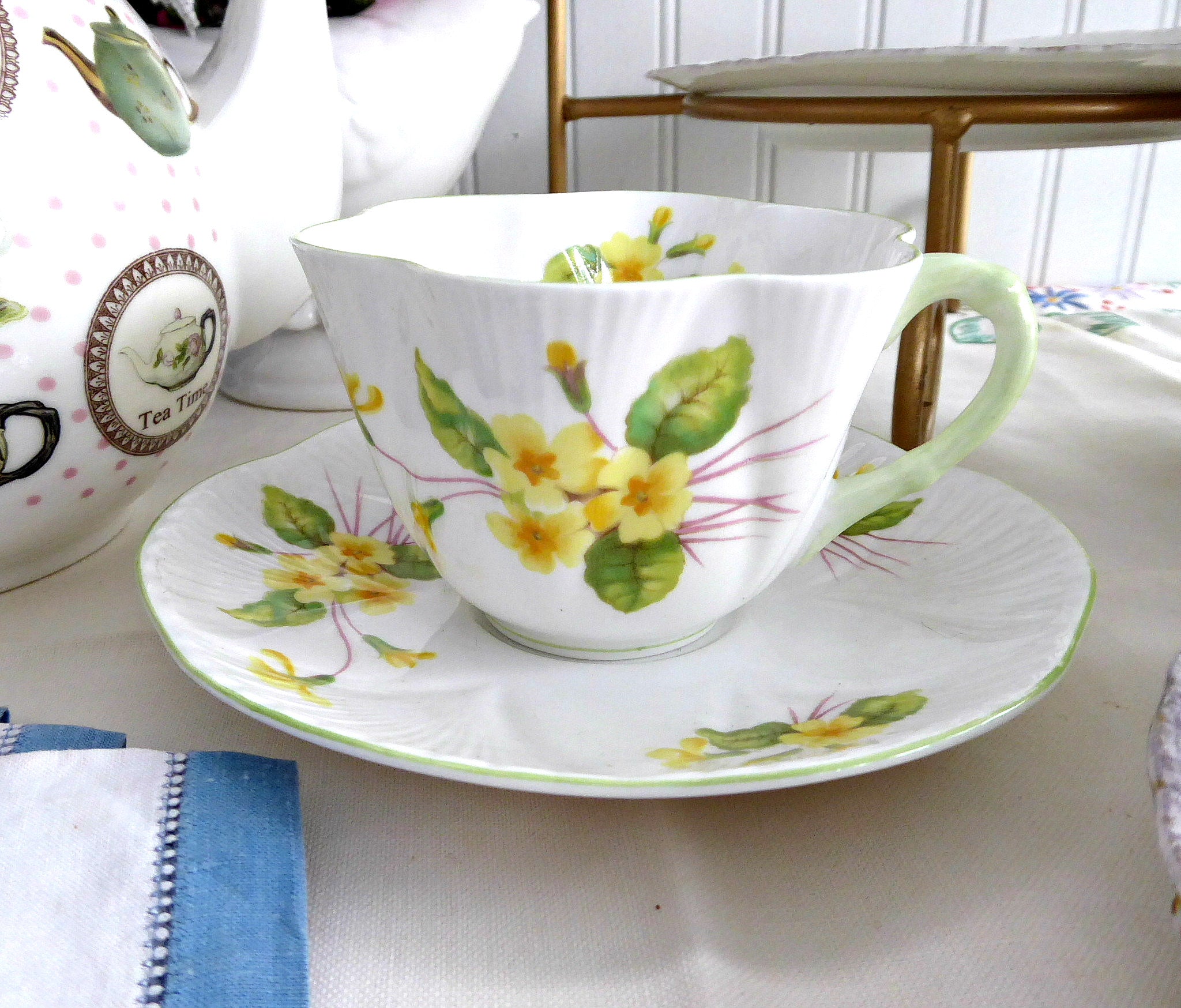 Vintage Shelley Dainty Primrose Cup and Saucer Set - England Bone China with Green Floral Trim - Perfect for Afternoon Tea, Collecting & Home Decor