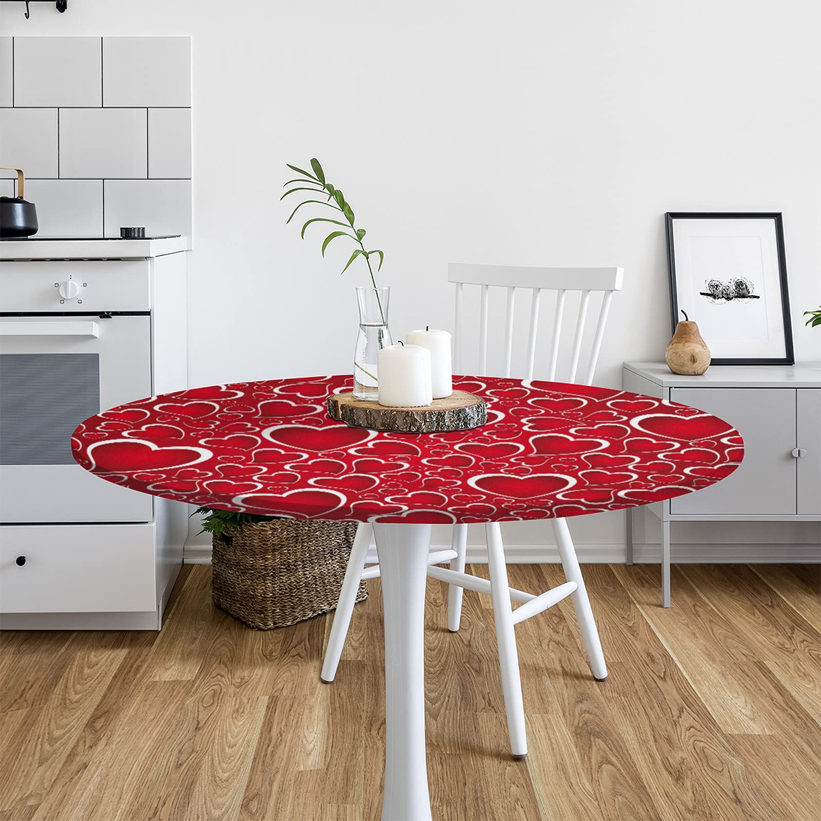 Valentine's Day Heart Print Elastic Edge Round Tablecloth - Waterproof & Wipeable Fitted Table Cover for 40