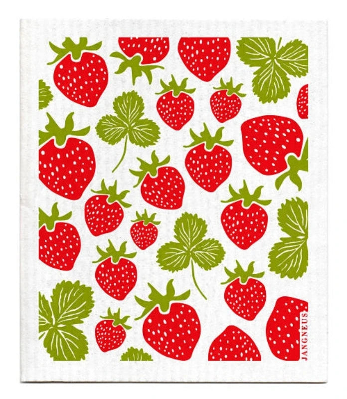 Organic Red Strawberries Pattern Swedish Dishcloth - Super Absorbent, Eco-Friendly Kitchen Towel for Cleaning, Wiping, and Dish Drying