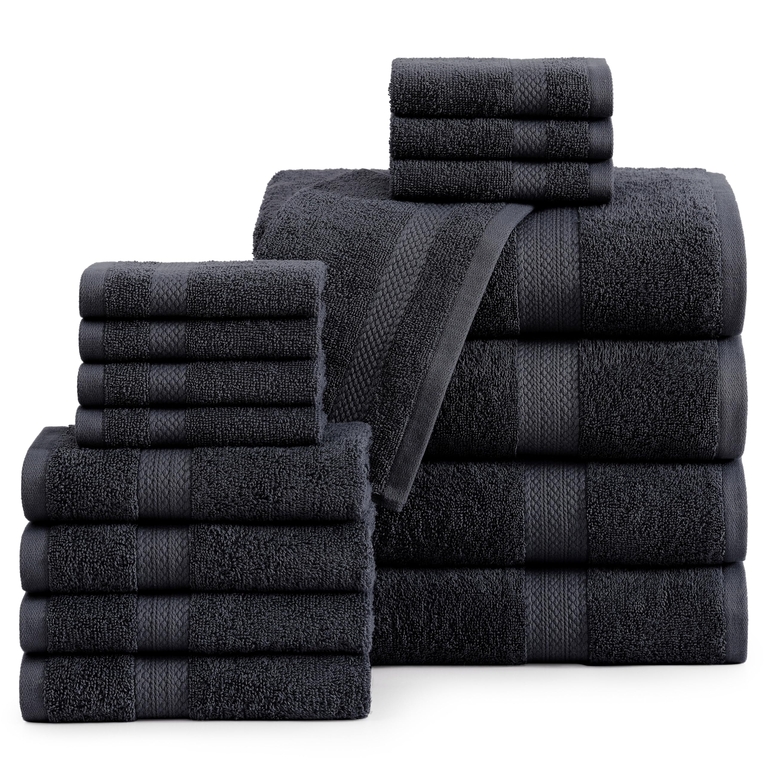 LANE LINEN 16-Piece Luxury Bath Towel Set - 100% Premium Cotton, Ultra-Absorbent & Soft Bathroom Towels (4 Bath Towels, 4 Hand Towels, 8 Washcloths) - Black - Perfect for Spa, Hotel & Home Bathroom Use