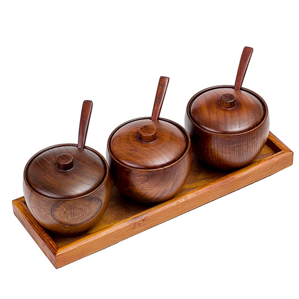 Natural Wood Spice Jar Set - Japanese Style Seasoning Box with Lid & Spoon - Sugar Bowl, Salt & Pepper Shaker, Serving Tray - Perfect for Kitchen Organization & Tea Ceremony Display