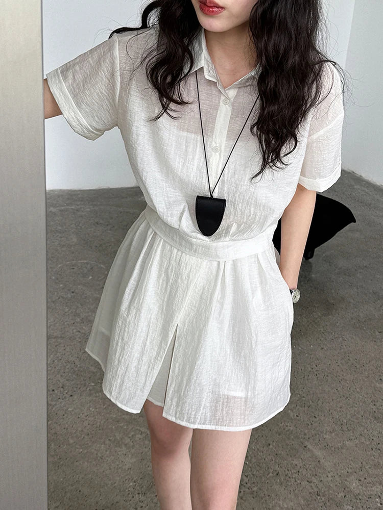 Beige Women's Two-Piece Suit Set - Thin Half Body Skirt & Lapel Short Sleeve Shirt | Spring Summer 2025 Fashion Trend | Office Wear, Casual Outfits, Party Dresses (Style 1DJ1239)