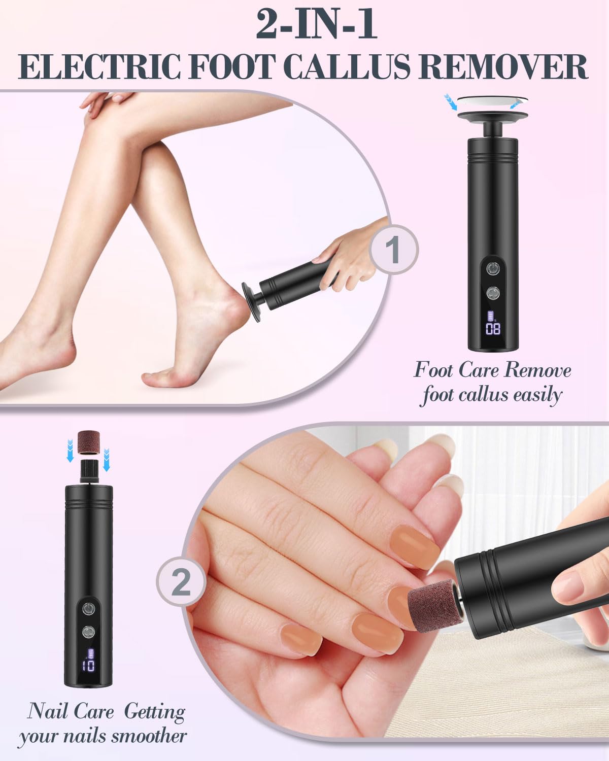 2 in 1 Electric Foot Callus Remover - 9 Speed Adjustable Pedicure Tool with LED Display & 2000mAh Rechargeable Battery - Professional Foot File for Dead Skin Removal - Includes Replaceable Sandpaper Discs (Black) - Perfect for Home Pedicure & Foot Care Routine