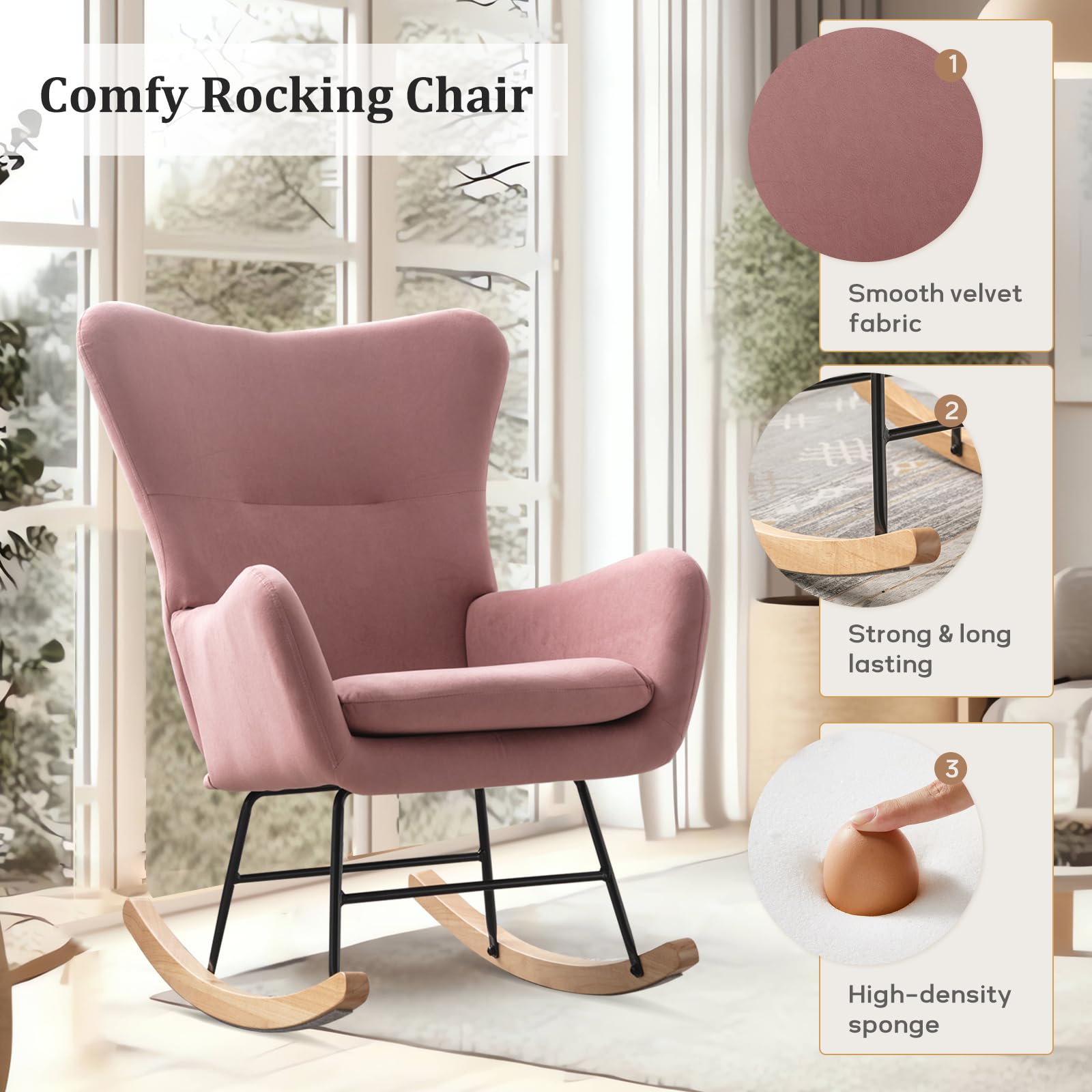 Simore Nursery Rocking Chair - Comfortable Wooden Rocker for Living Room, Bedroom & Nursery - Pink Glider Chair for Breastfeeding, Reading & Relaxing