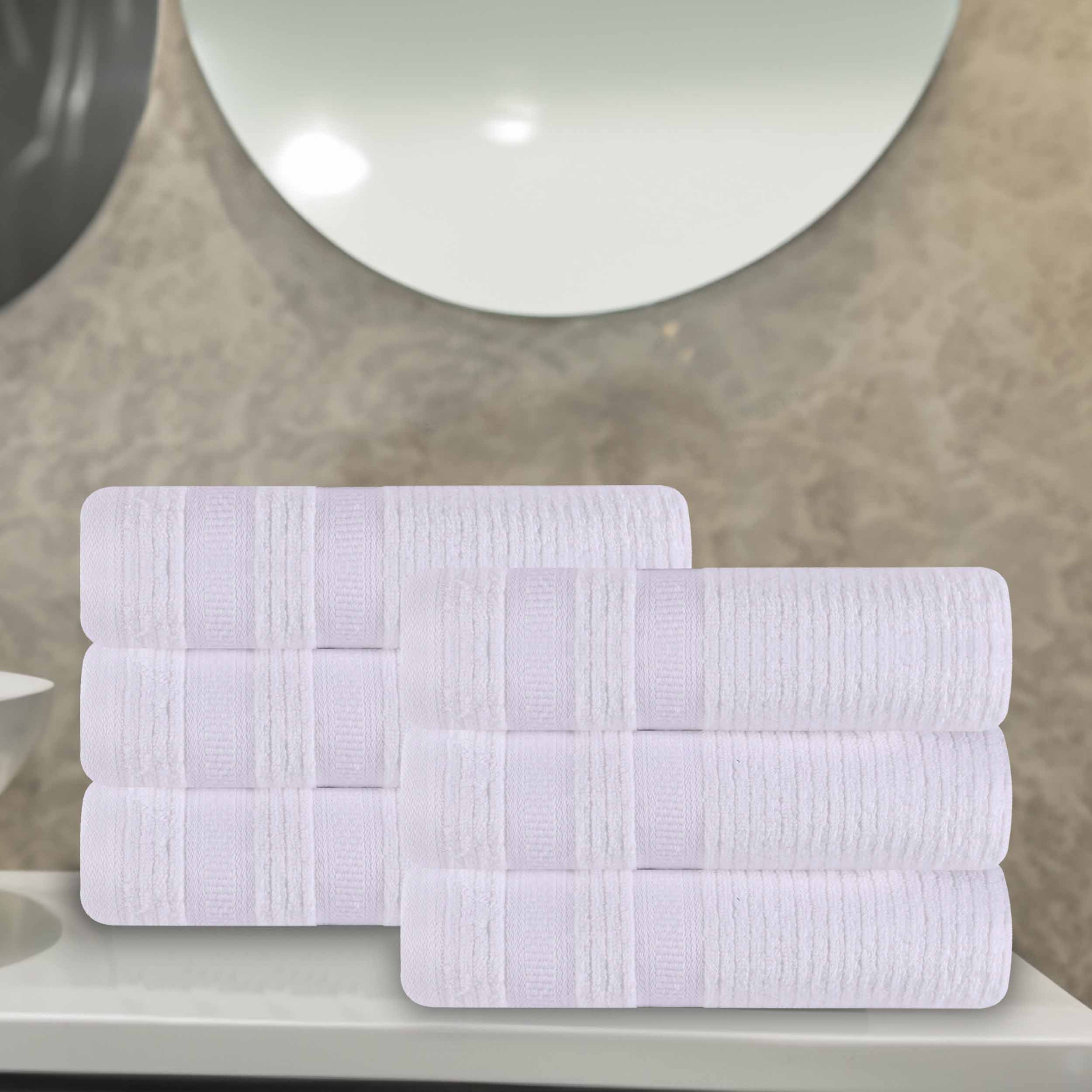 Premium Zero Twist Cotton Ribbed Geometric Border Plush Hand Towel Set of 6 - Ultra Soft & Absorbent Bathroom Towels for Guest Bath, Kitchen, Spa, and Luxury Home Decor