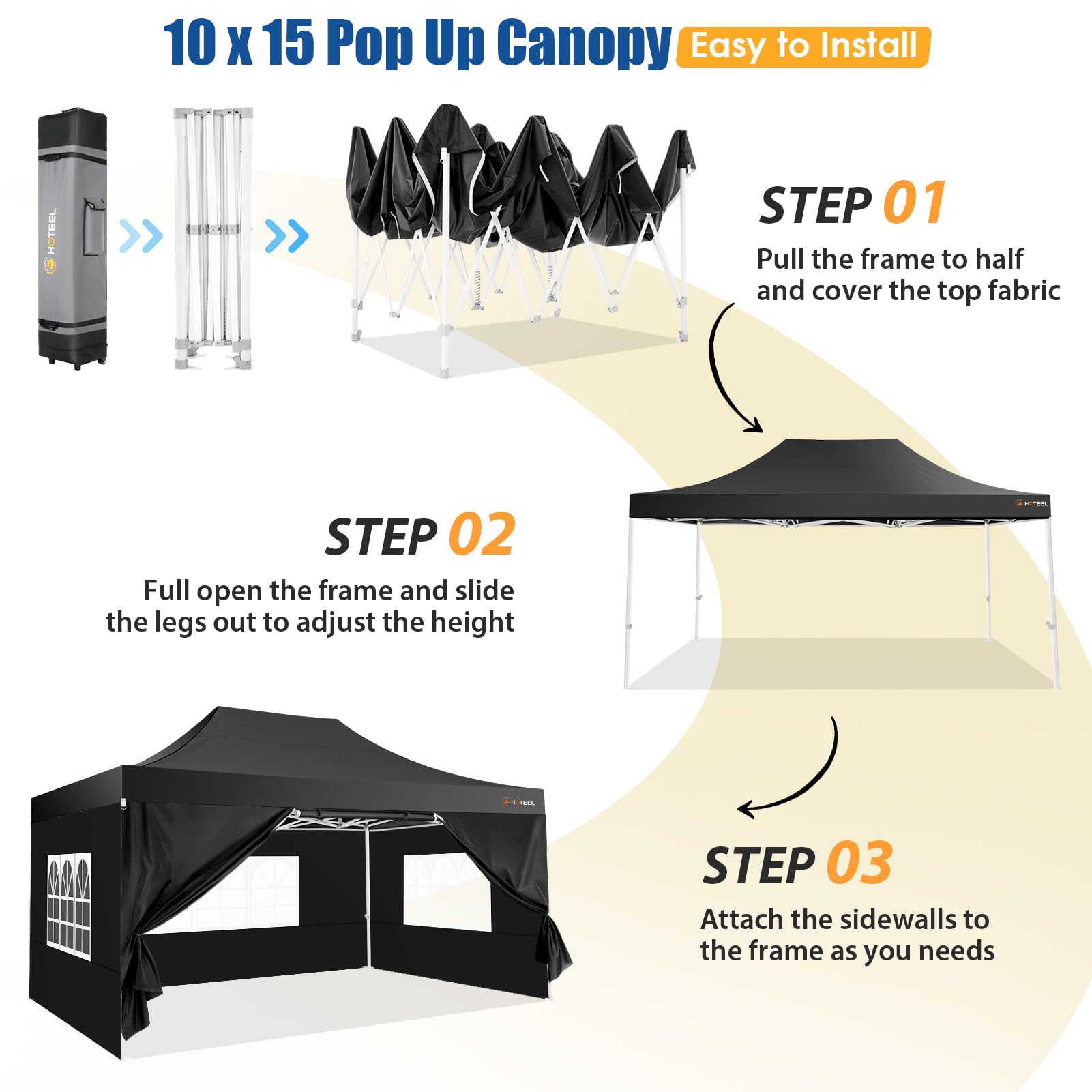 HOTEEL 10x15 Heavy Duty Pop Up Canopy Tent - Easy Setup Commercial Gazebo with 4 Sidewalls, Roller Bag & Sand Bags - Hexagonal Frame for Outdoor Weddings, Parties, Events & Camping (Black)