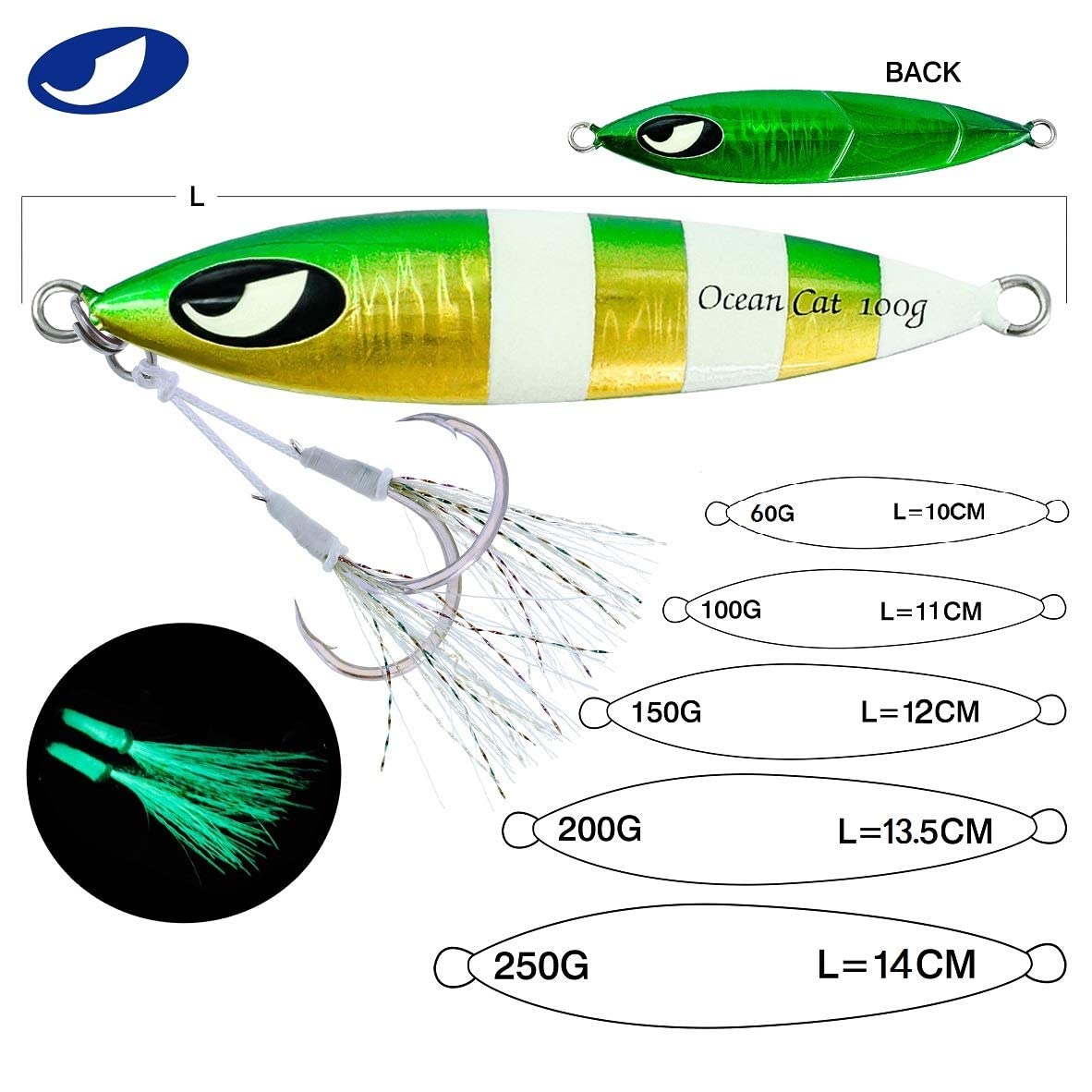OCEAN CAT Slow Fall Pitch Fishing Lures - 1PC Sinking Lead Metal Flat Jigs with Hook for Saltwater Fishing - Perfect for Deep Sea Jigging and Offshore Angling