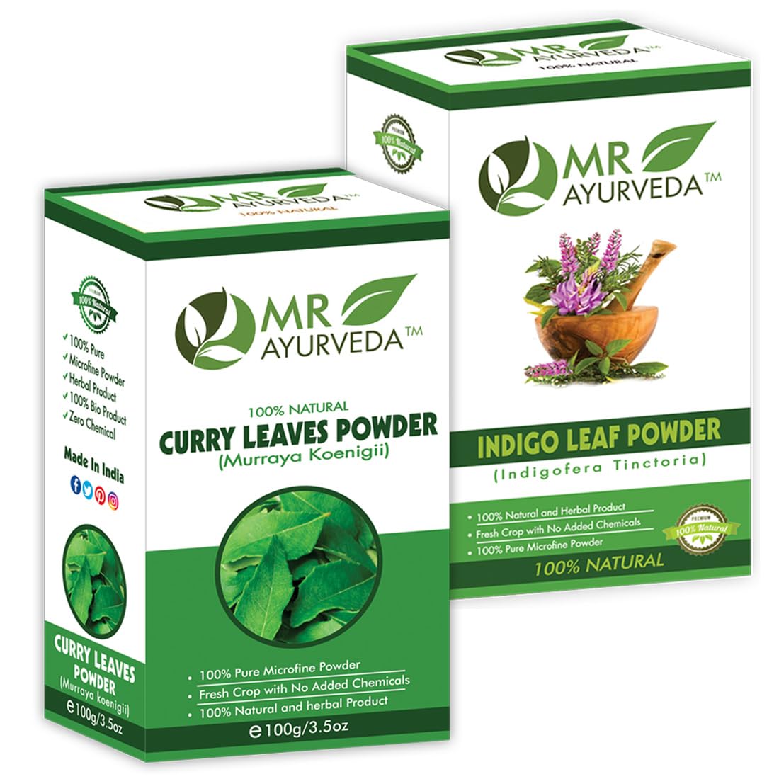 MR Ayurveda 100% Natural Herbal Curry Leaves Powder & Indigo Powder Combo - 200g (2-Pack) for Hair Care, Skin Treatment & Ayurvedic Remedies