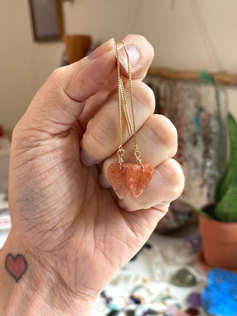 Orange Sunstone Gold Filled Statement Crystal Gemstone Threader Earrings for Women - Elegant Boho Chic Jewelry for Party, Wedding & Everyday Wear