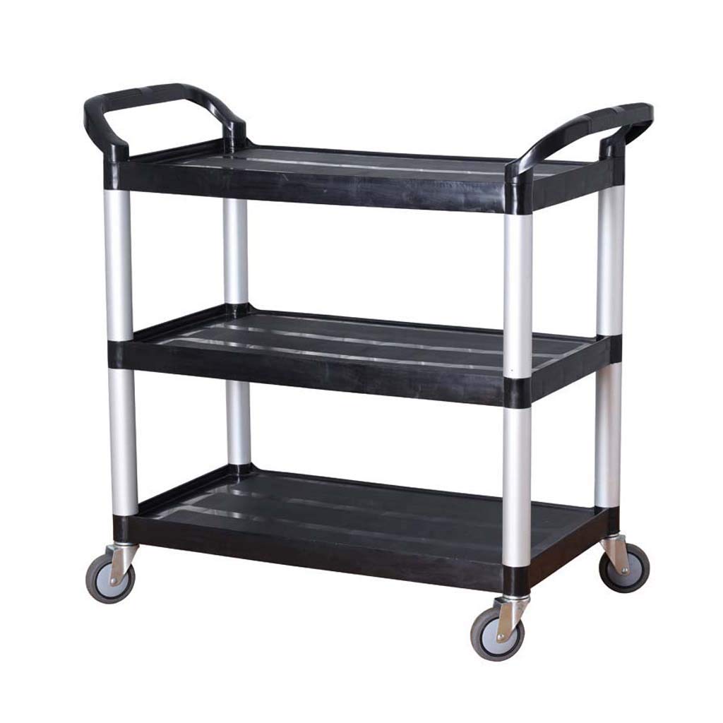 Heavy Duty 3-Tier Rolling Utility Cart with Locking Wheels - Commercial Grade Stainless Steel Service Cart for Restaurant, Kitchen, Hotel & Cleaning Use - Black (300lb Capacity) - Ideal for Food Service, Retail Storage & Mobile Workstations