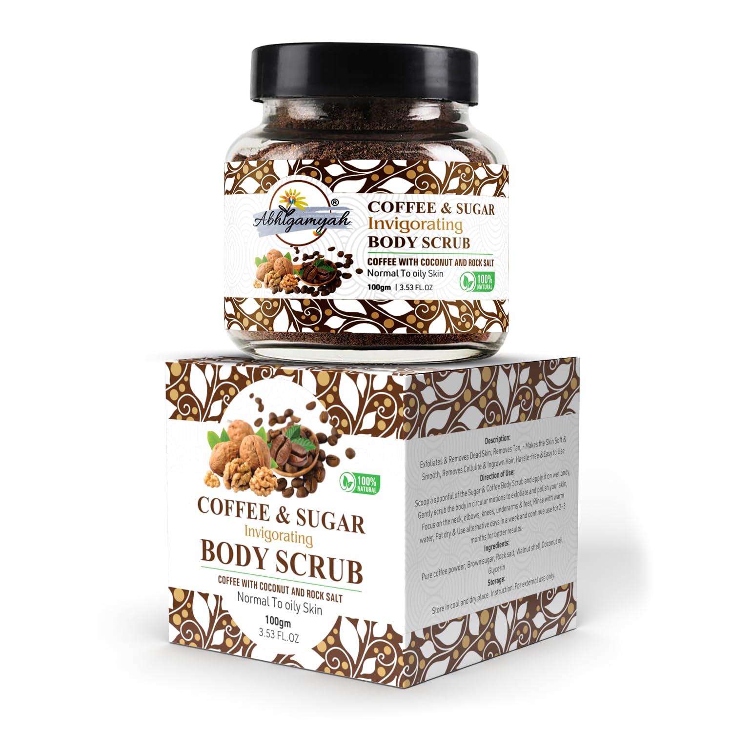 Abhigamyah Coffee & Sugar Body Scrub - Exfoliating Face & Body Scrub with Walnut Shell for Tan Removal - 8oz (Pack of 1) - Perfect for Spa Day & Post-Sun Care