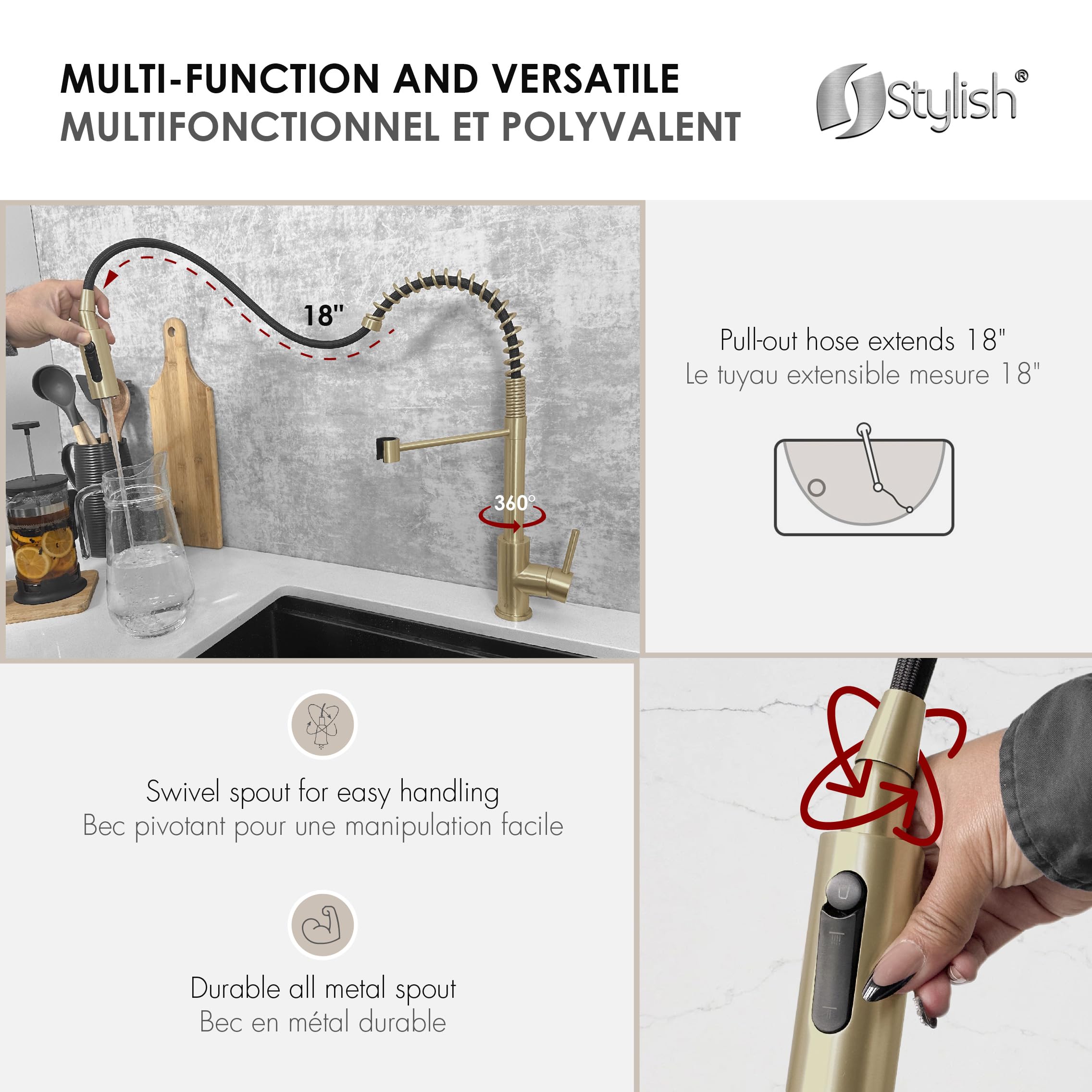 Premium 2-in-1 Commercial Kitchen Faucet with Pull-Down Sprayer & Water Filter - Brushed Gold Stainless Steel Single Handle Sink Faucet with Ceramic Cartridge & Aerator (Model K-107GR) - Ideal for Restaurants, Home Kitchens & Food Prep Areas