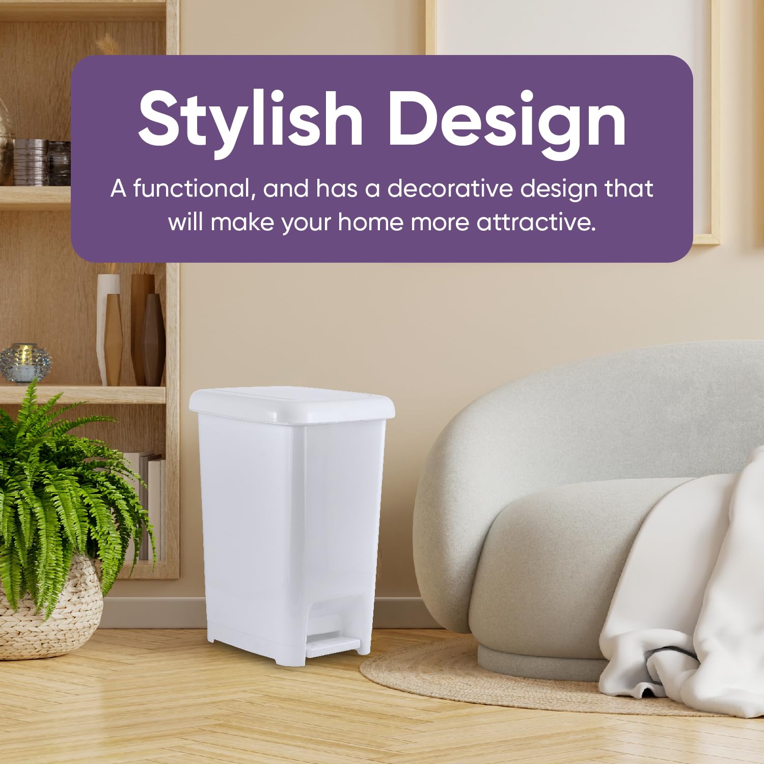 Superio 6.5 Gallon Slim Step-On Trash Can with Lid - Hands-Free Foot Pedal Garbage Bin for Kitchen, Bathroom, Office, Bedroom, RV, Dorm & Patio - White Smoke - Perfect for Small Spaces & Hygienic Waste Disposal