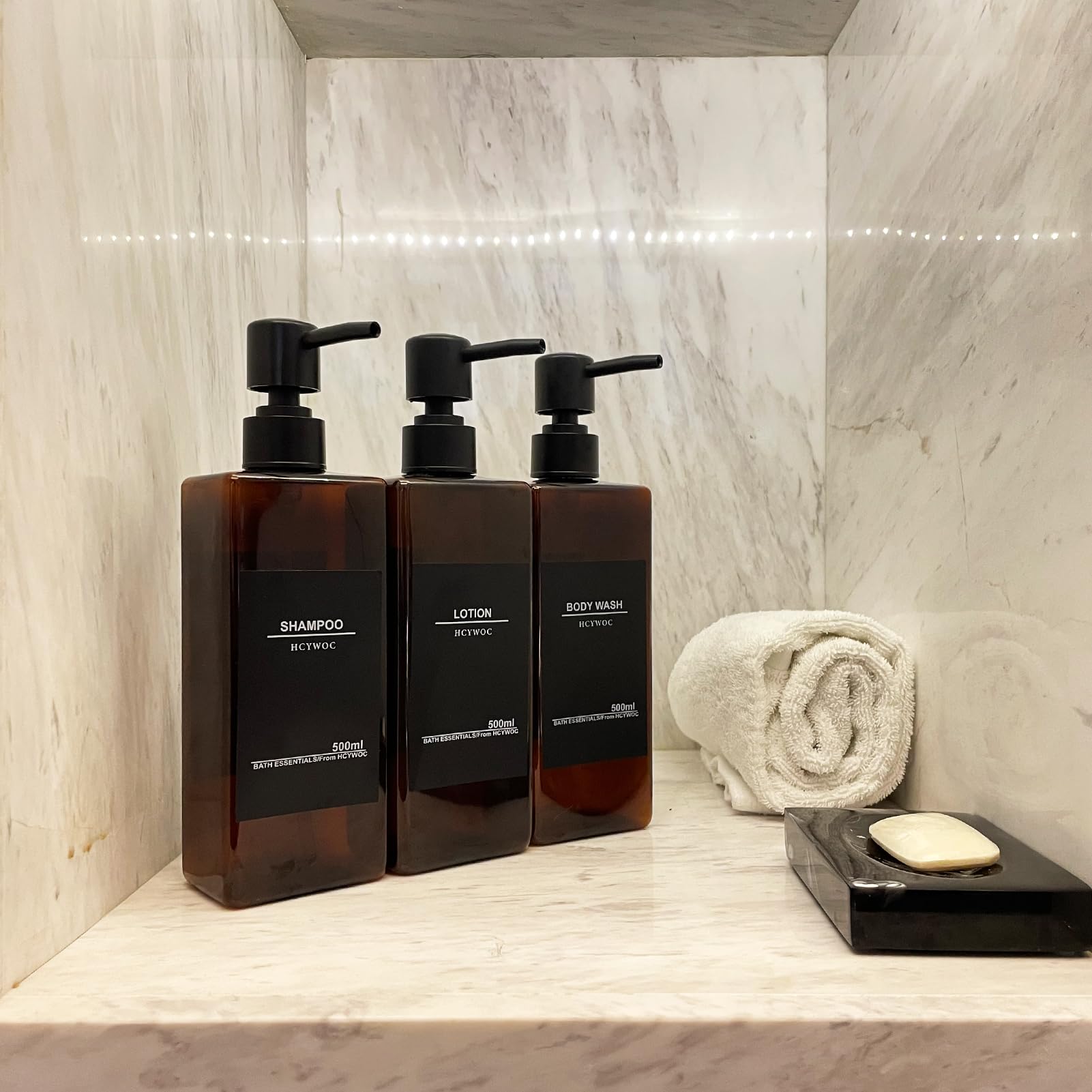 No Drill Shower Wall Mounted Shampoo & Conditioner Dispenser - 3 Chamber 17oz Black Amber, Waterproof Labels Included - Perfect for Bathroom, Gym, Spa & RV Use