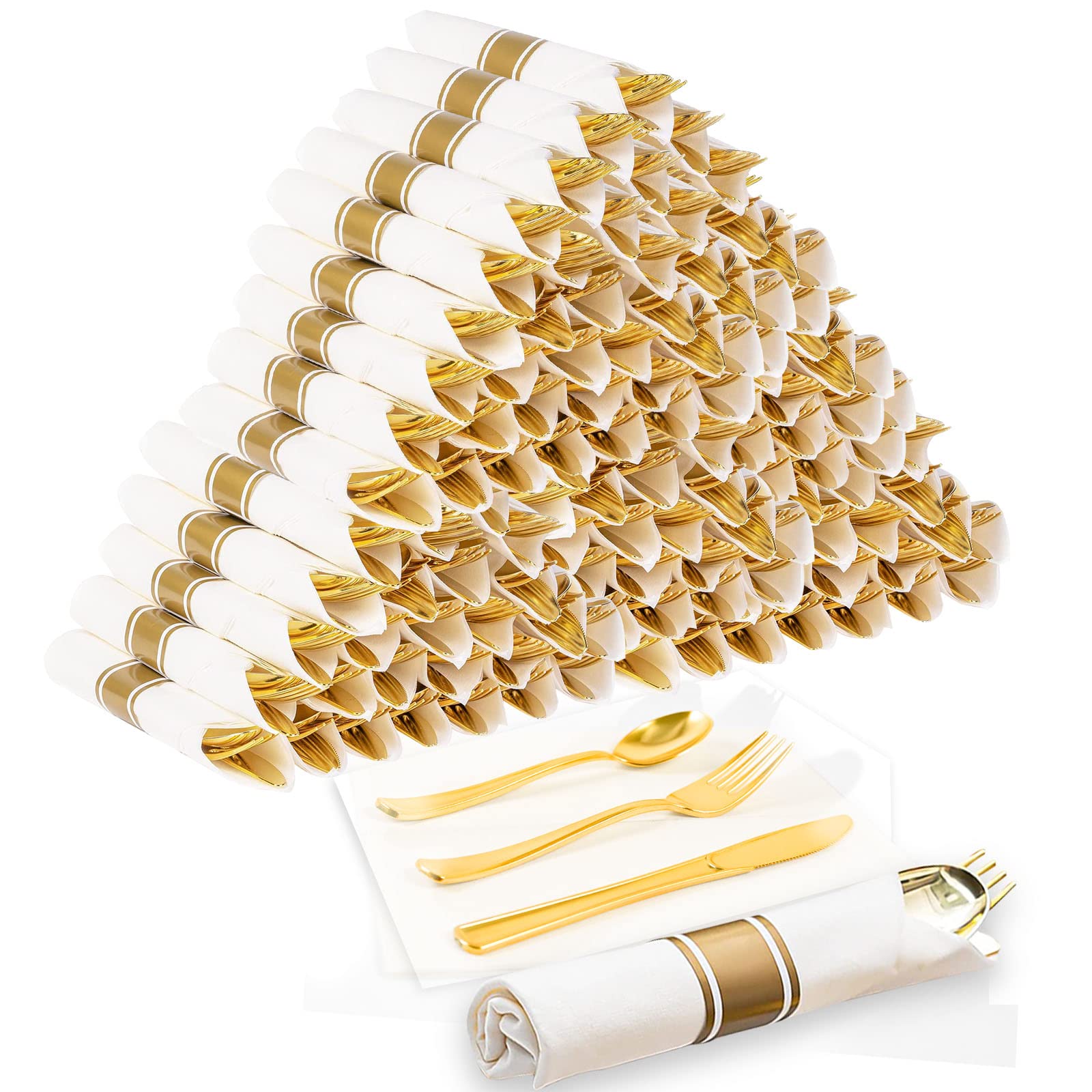 60-Piece Gold Plastic Cutlery Set - Heavy Duty Disposable Silverware with 60 Forks, 60 Knives, 60 Spoons & 60 Napkins - Elegant Dinnerware for Wedding, Party & Catering Events - Perfect for Outdoor Gatherings, Picnics & Formal Occasions