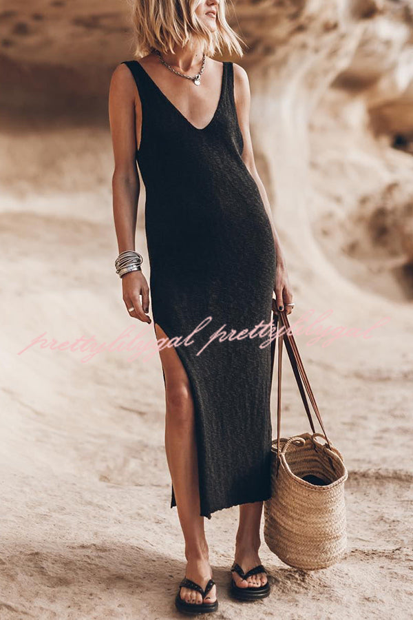 Vacation Breeze Knit Slit Loose Tank Midi Dress - Summer Beach Dress for Women, Casual Sleeveless Flowy Dress for Travel, Vacation, and Outdoor Activities