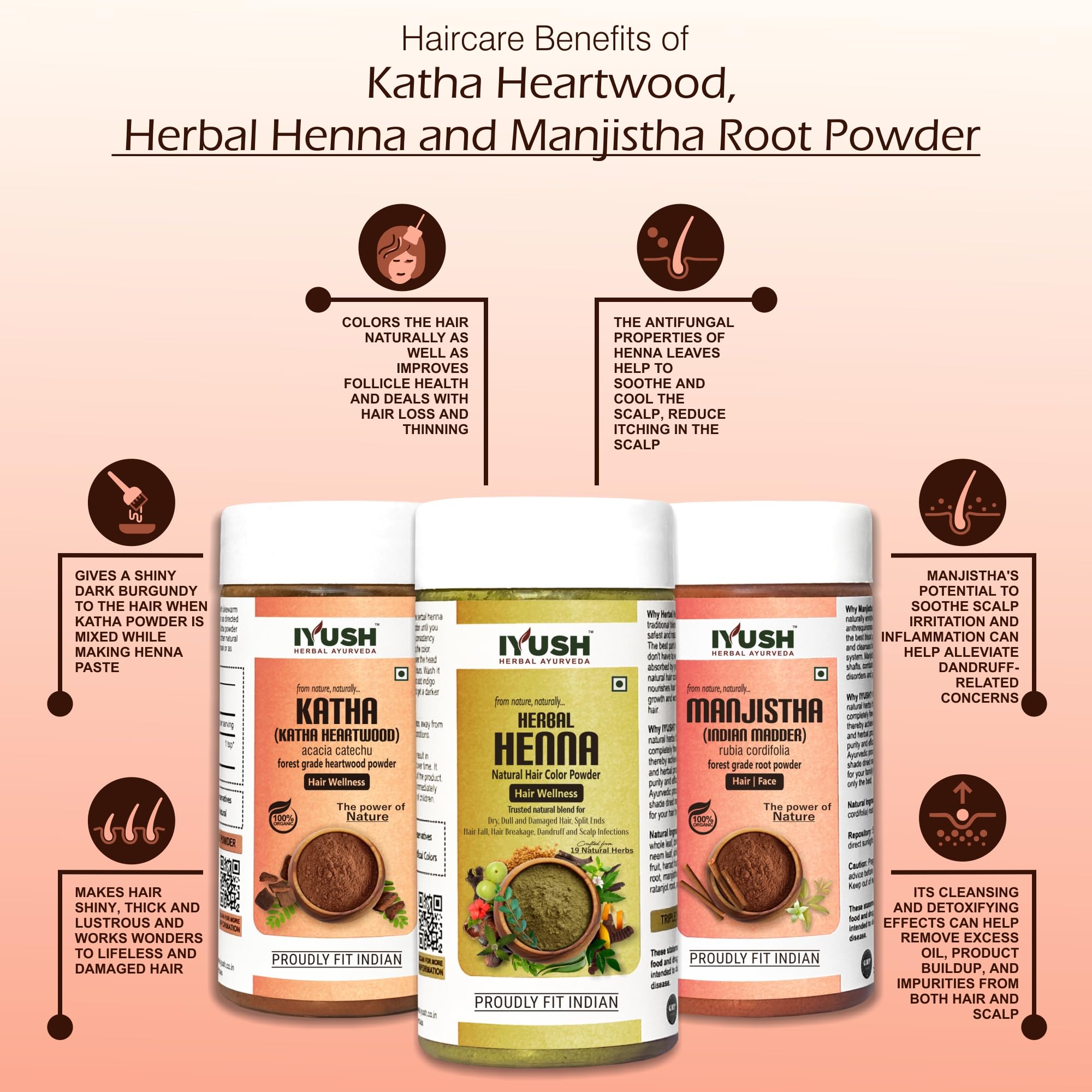 IYUSH Ayurvedic Manjistha Powder with Katha Powder & Herbal Henna Powder for Natural Hair Color & Growth – 300g | Organic Hair Volume Booster | Deep Conditioning Hair Mask | Perfect for DIY Hair Treatments & Ayurvedic Hair Care Routines