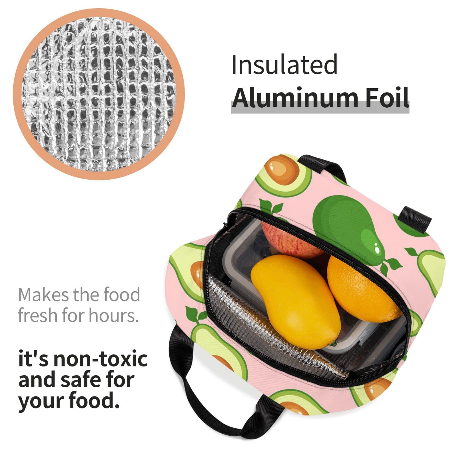 Avocado Pattern Insulated Lunch Box - Reusable & Portable Meal Container for Men & Women - Perfect for Work, Travel, Picnic & Outdoor Activities