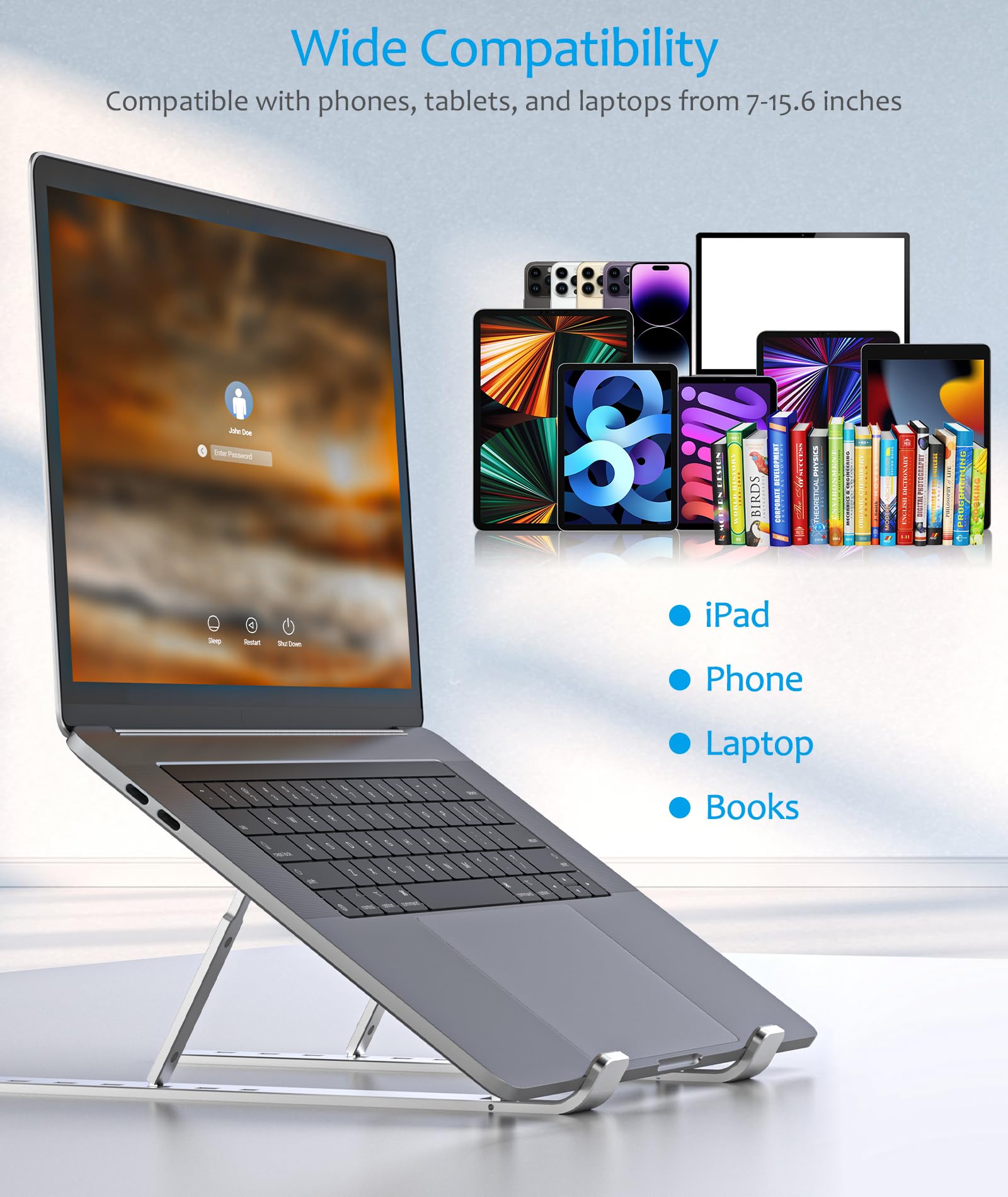 BoYata Aluminum Laptop Stand - Portable & Foldable Laptop Riser with 6 Adjustable Heights for MacBook, HP, Lenovo, Dell 10-15.6 Inch Laptops - Ergonomic Desk Stand for Home Office, Gaming & Workstation (Silver)