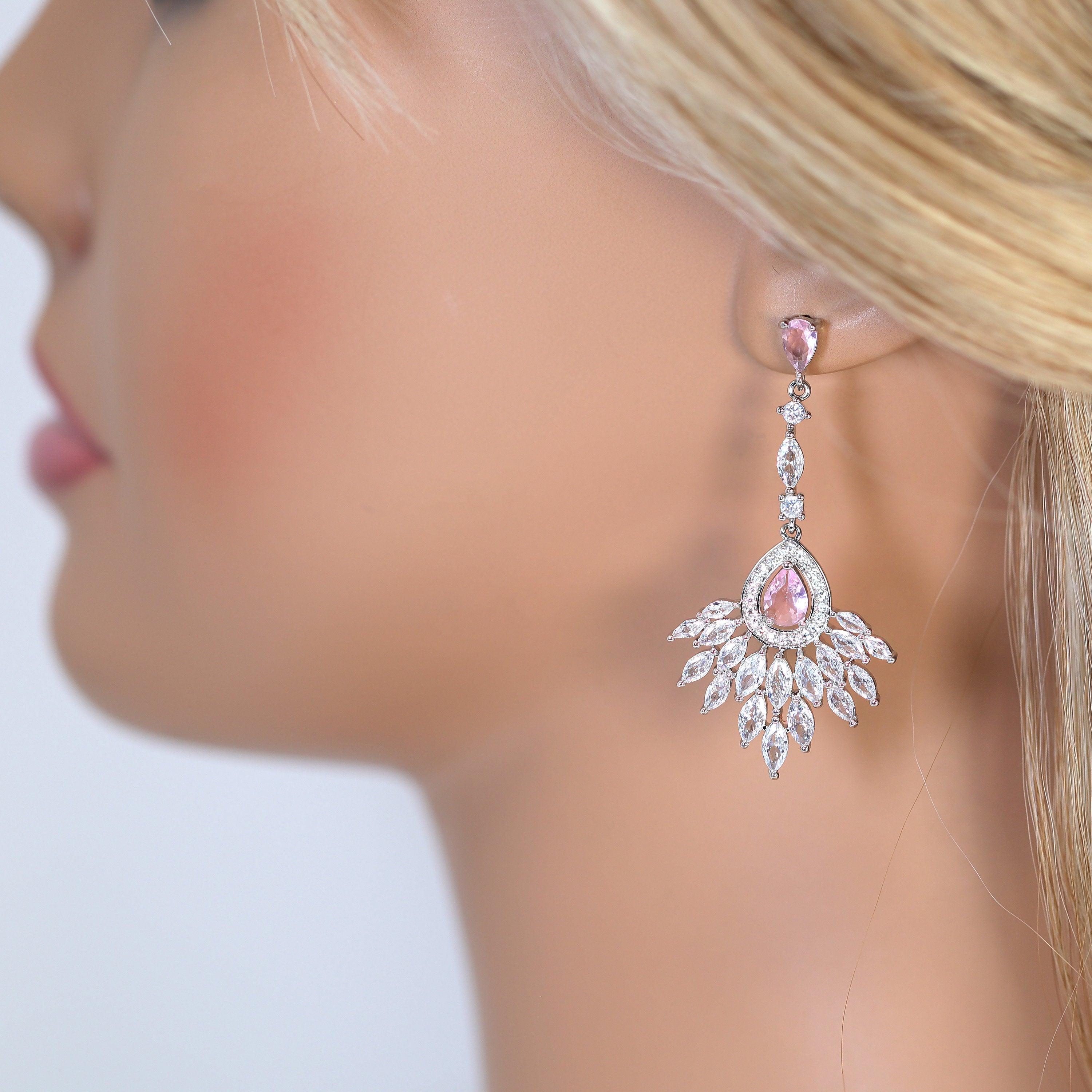 Swarovski Crystal CZ Diamond Elegant Pink Droplet Earrings for Women - Bridal Jewelry, Wedding Dangle Earrings, Sparkling Statement Earrings for Party, Prom, Evening Wear