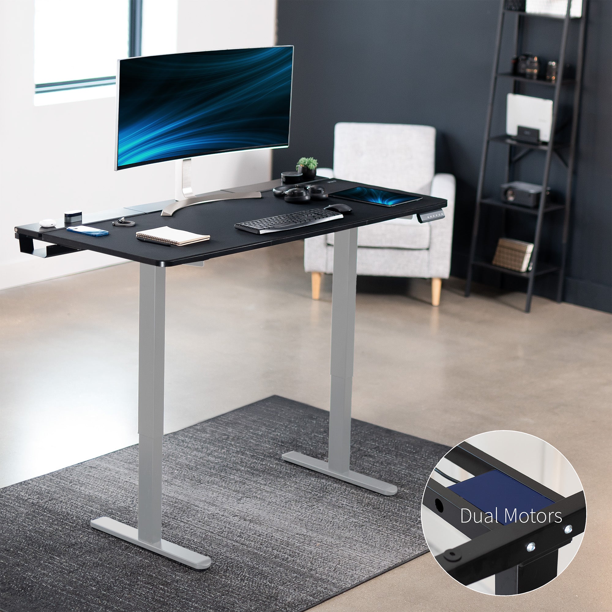 E2B P3B Series 60 x 30 Dual Motor Electric Standing Desk with Concealed Cable Management & Full Size Keyboard Tray - Perfect for Home Office, Gaming Setup and Workspace Ergonomics